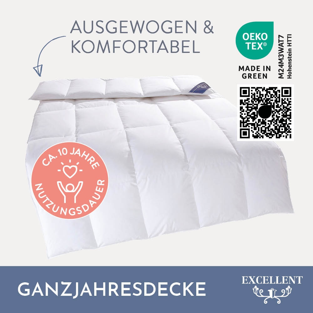 Excellent Gänsedaunenbettdecke »Davos, Bettdecken für Sommer und Winter, Decke«, normal, Füllung 100% Gänsedaunen, Bezug 100% Baumwolle, (1 St.), Bettdecke 135x200 cm, 155x220cm und weitere Größen, Made in Germany