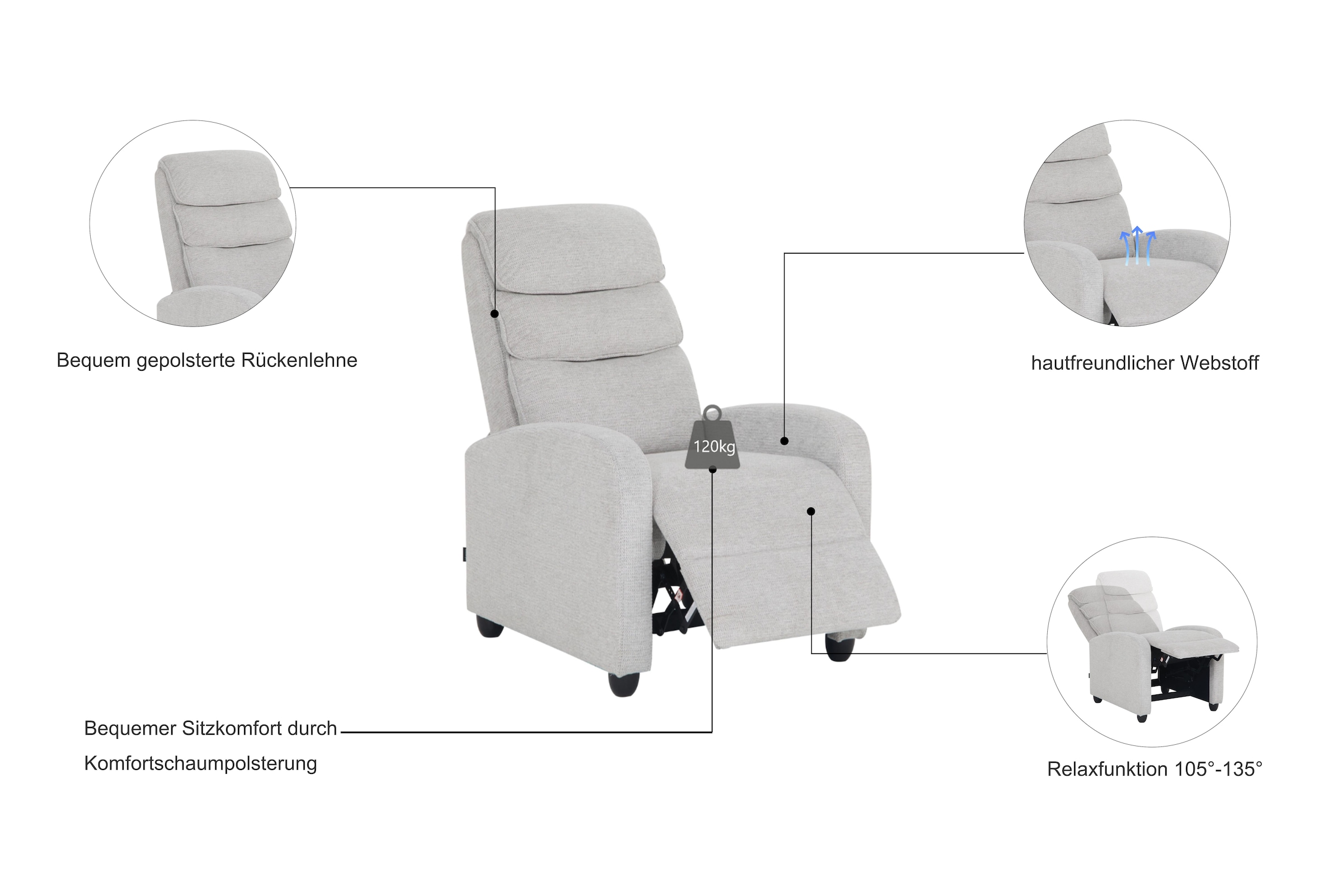 Home affaire Relaxsessel »BERVILLE, TV-Sessel, Ruhesessel mit Schlaffunktion, Webstoff«, Liegesessel mit manueller Relaxfunktion