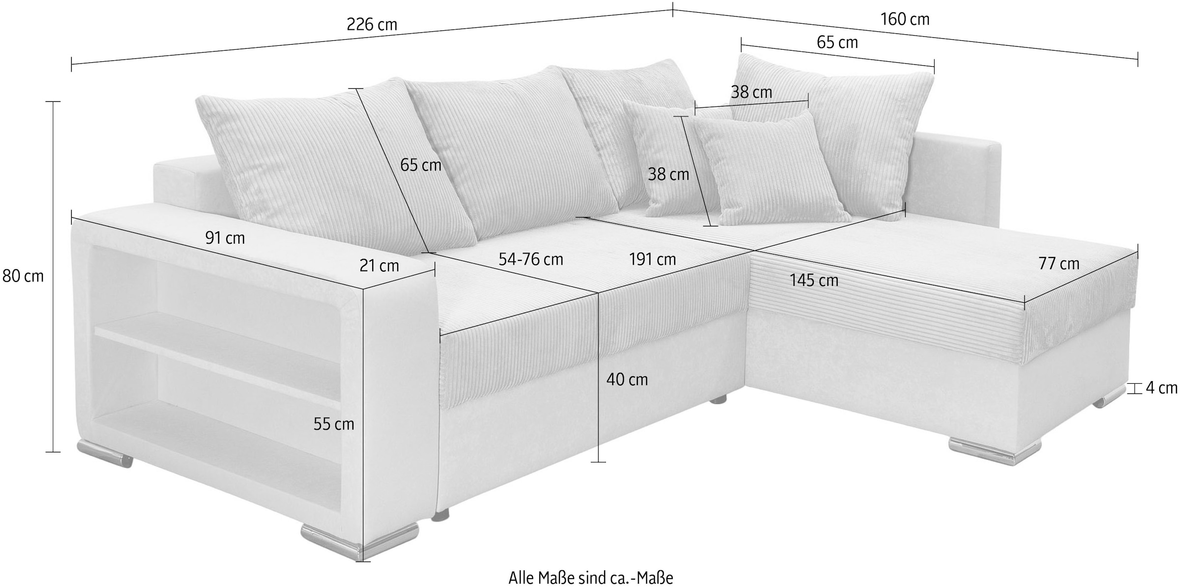 COLLECTION AB Ecksofa »L-Form«, Regalarmlehne mit LED RGB Beleuchtung,Bettfunktion und Bettkasten