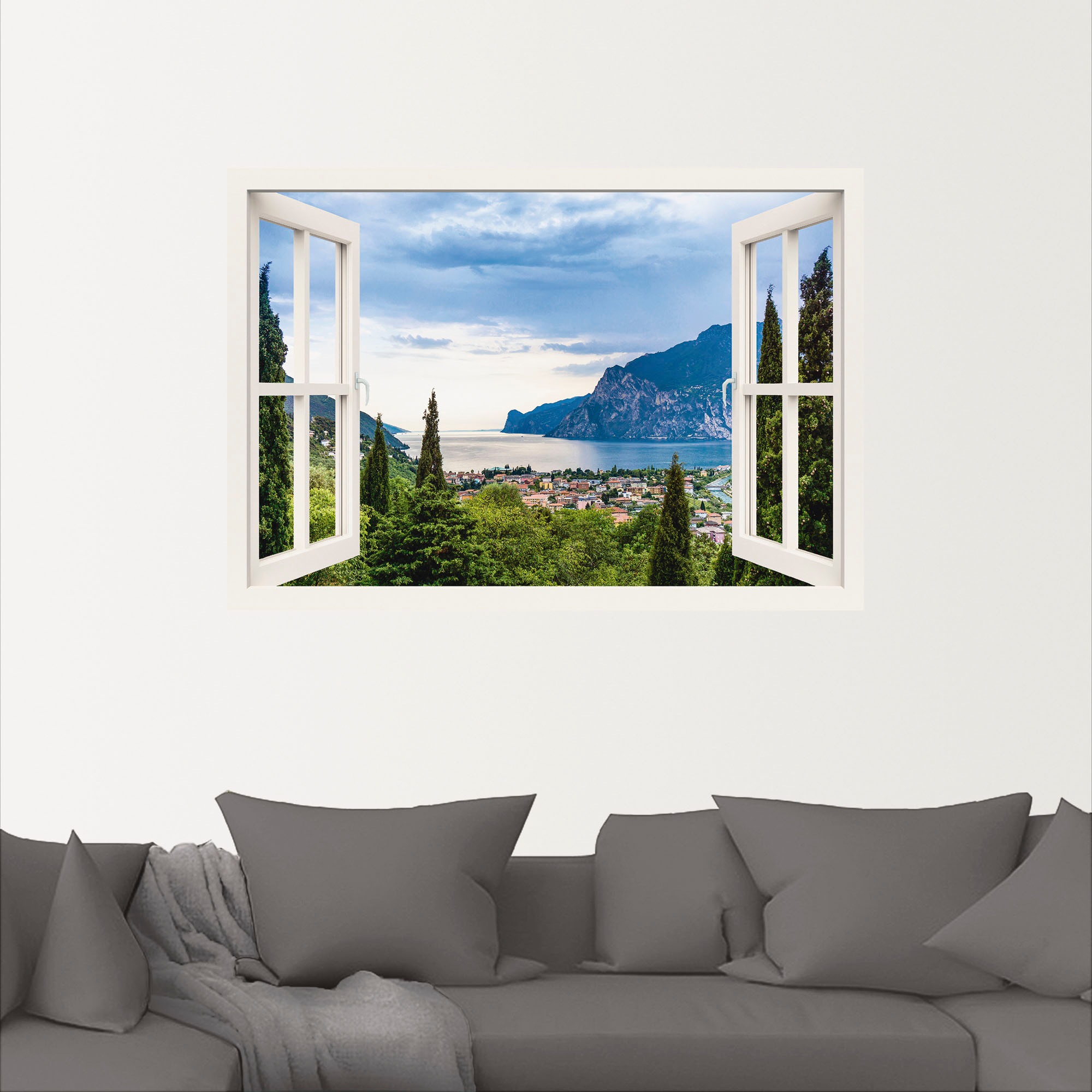Artland Wandbild »Gardasee durchs weiße Fenster«, Seebilder, (1 St.), als Alubild, Outdoorbild, Leinwandbild, Poster, Wandaufkleber