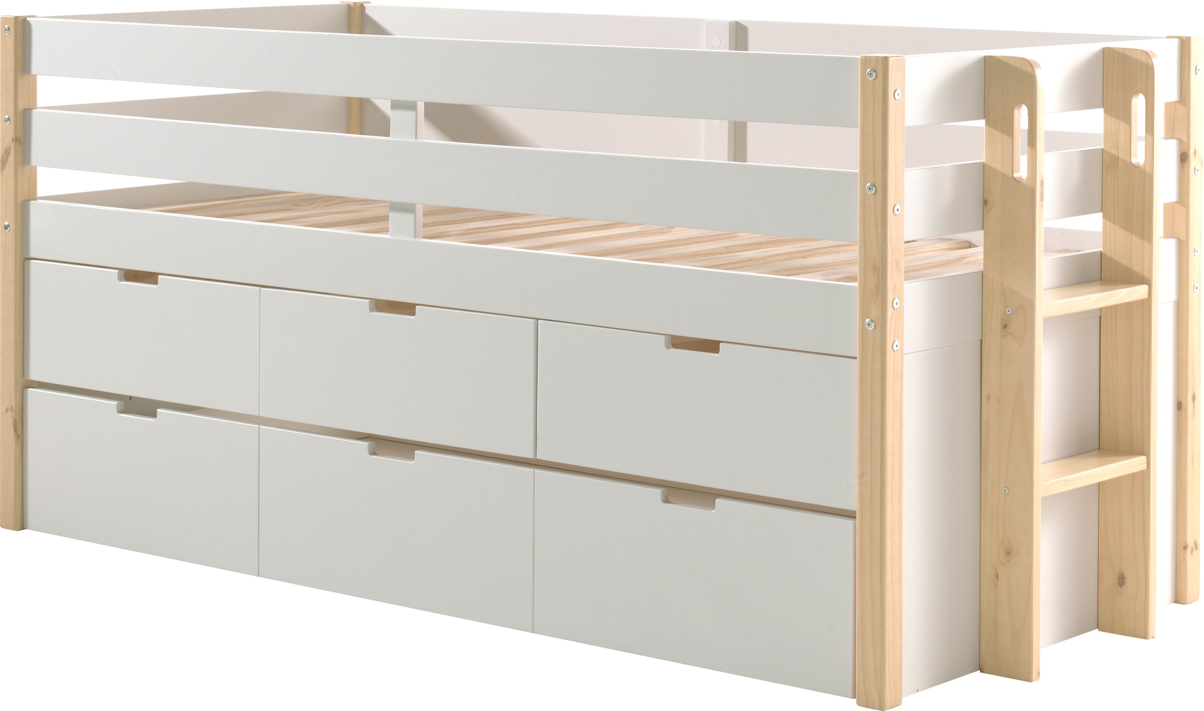 Vipack Hochbett »Magrit, mit 3 geräumingen Schubladen, viel Stauraum, moderne Optik«, (B/H/T ca. 219,4x100x97,8cm, MDF weiß lackiert, Kiefer natur), wahlweise mit oder ohne Bettschublade als zusätzlichen Stauraum