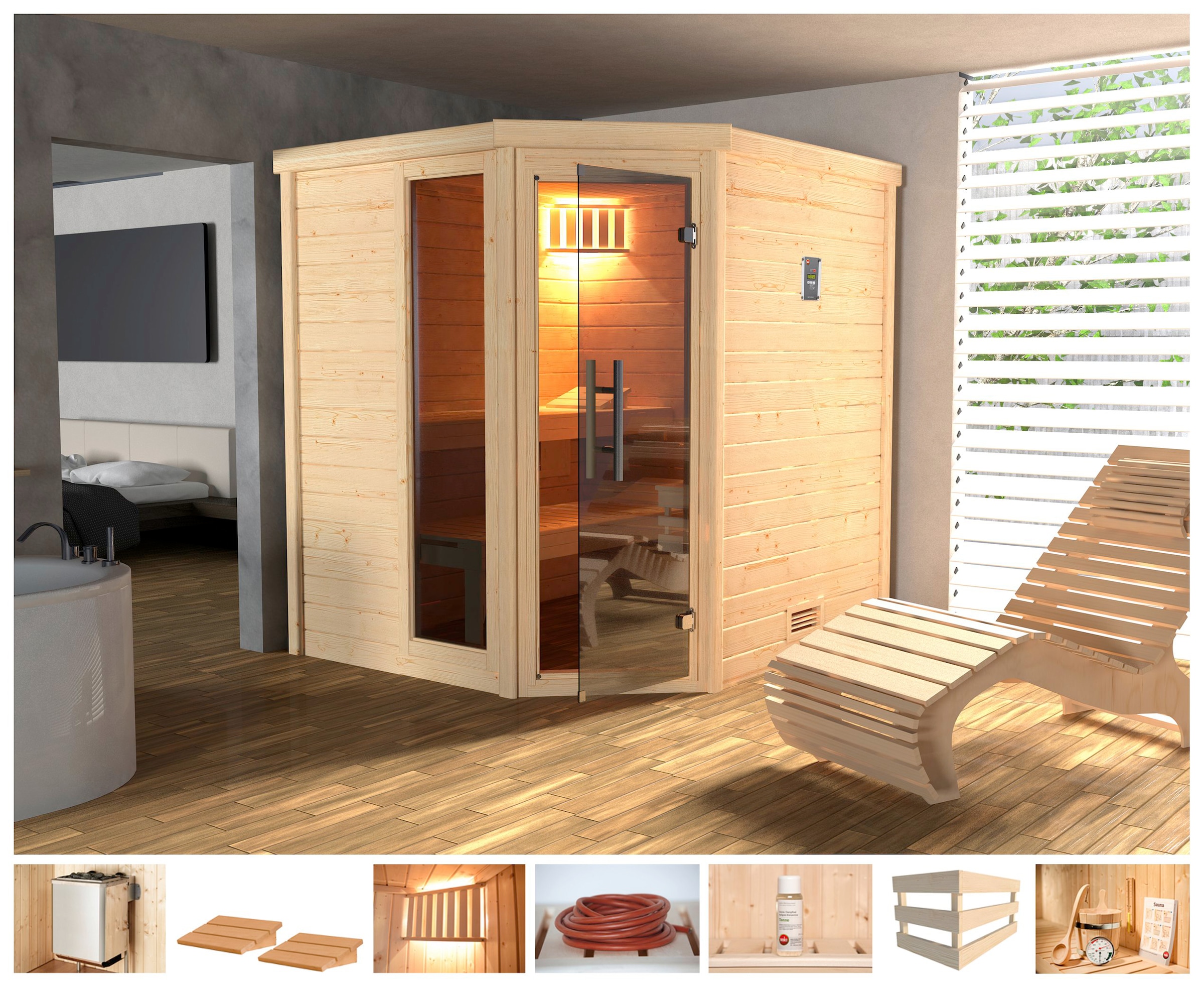 Sauna „Arendal 1“, 9 kW Ofen mit int. Steuerung natur