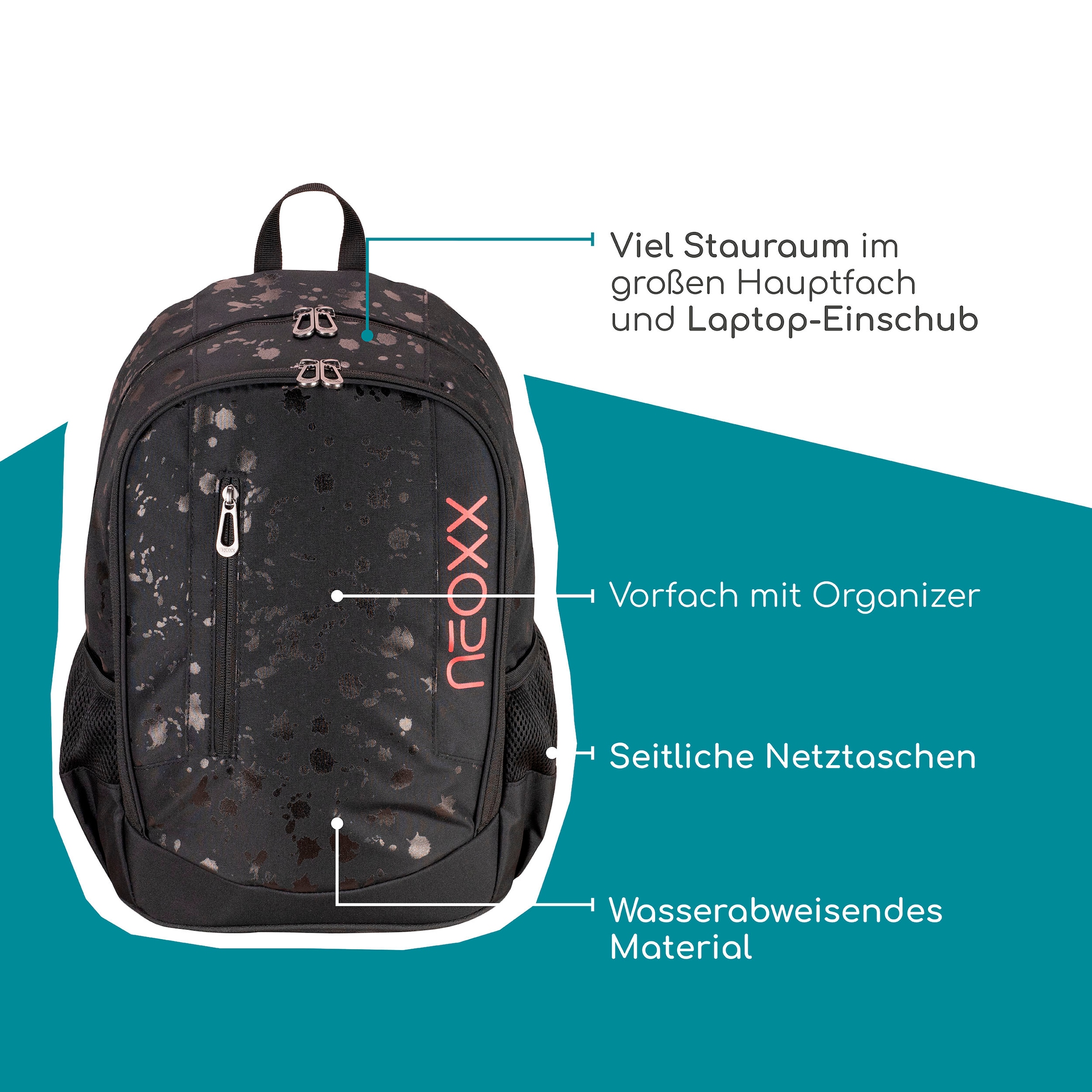 neoxx Schulrucksack »Flow, Splash Black«, teilweise aus recyceltem Material