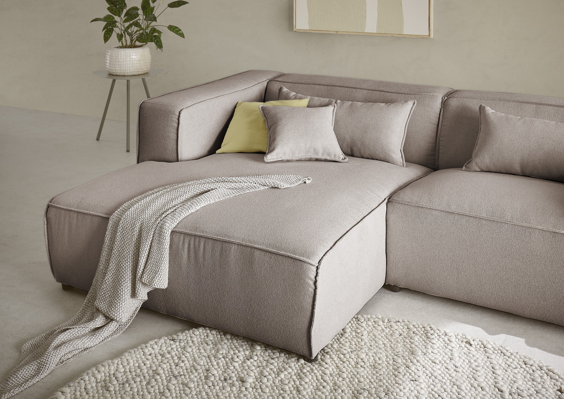 LeGer Home by Lena Gercke Ecksofa »PIARA mit Kedernaht in Cord oder Leinenoptik, moderne Couch in L-Form«, wahlweise Ottomane rechts/links, schwarze Füße, bequemer Sitzkomfort