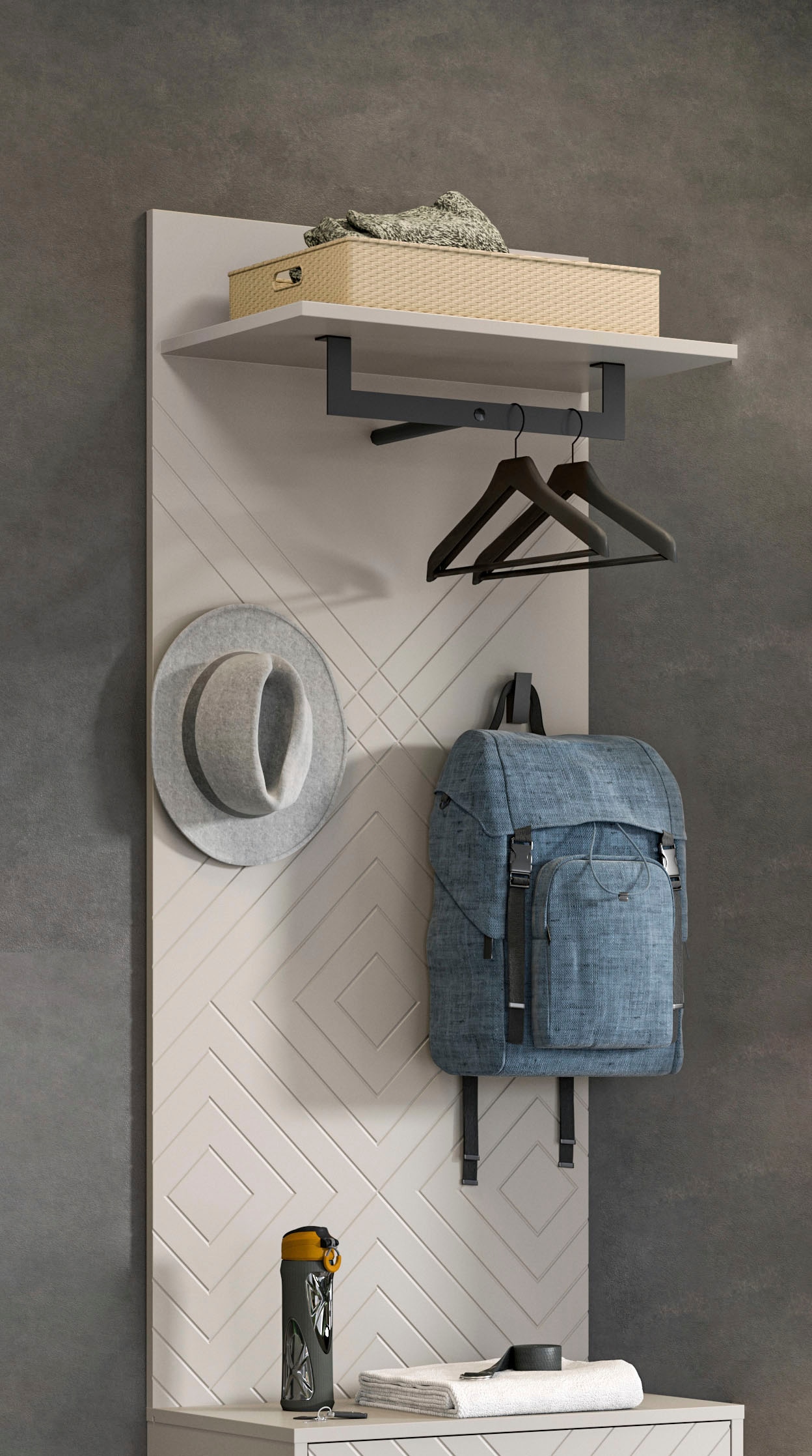 INOSIGN Garderobenpaneel »Mento, Höhe 140 cm, Paneelrückwand mit Ornamentfräsung«, (1 St.), 2 Haken & 1 Kleiderstange aus Metall, Paneel, Wandpaneel, Garderobe