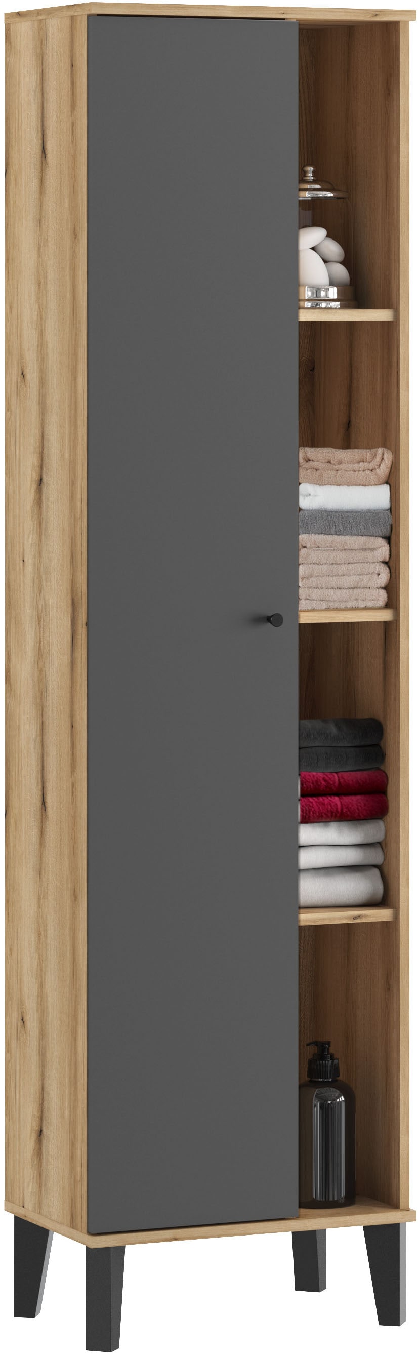 INOSIGN Stauraumschrank »Oslo, Badschrank mit Knopfgriff, Hochschrank im skandinavischen Design«, in der Türfarbe Weiß oder Grau verfügbar, ausreichend Stauraum