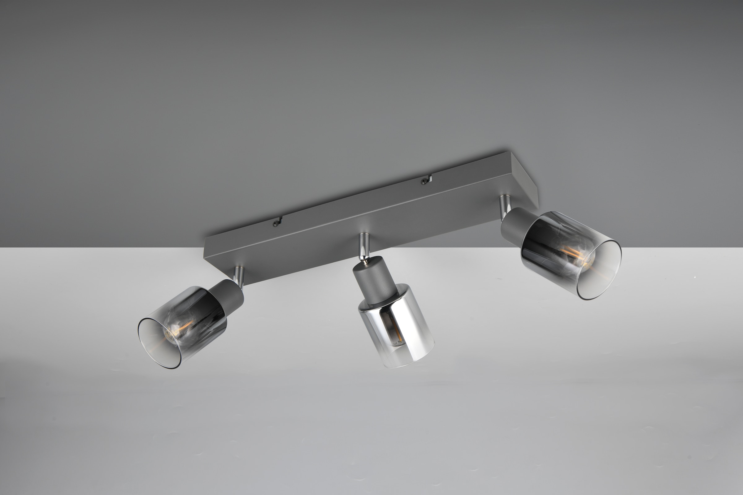 REALITY Leuchten Deckenstrahler »CADIZ, Spot 3-flammig, exkl 3xE14 max 10W, Glas anthrazit, verspiegelt«, 3 flammig, Leuchtmittel E14 | Leuchtmittel wechselbar, verstellbarer Deckenspot E14 Fassung, mit Glasschirm smoke Farbverlauf