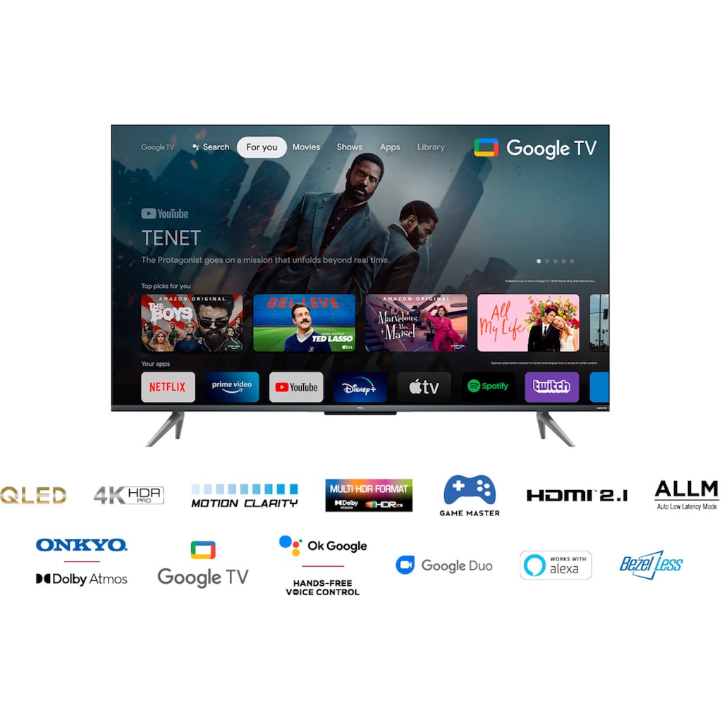 TCL QLED-Fernseher »43C735X2«, 108 cm/43 Zoll, 4K Ultra HD, Smart-TV-Google TV, HDR Premium, Dolby Atmos, HDMI 2.1, Metallgehäuse, ONKYO-Sound