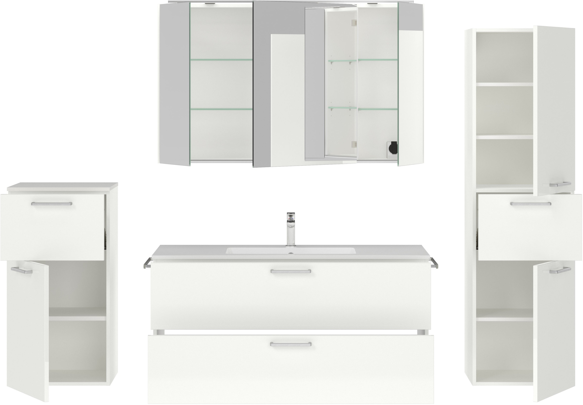 nobilia® Badmöbel-Set »Tolvina«, (4 St., vormontiert, mit Soft-Close), inkl. Spiegelschrank mit Beleuchtung und Dimmerfunktion, in 4 Breiten