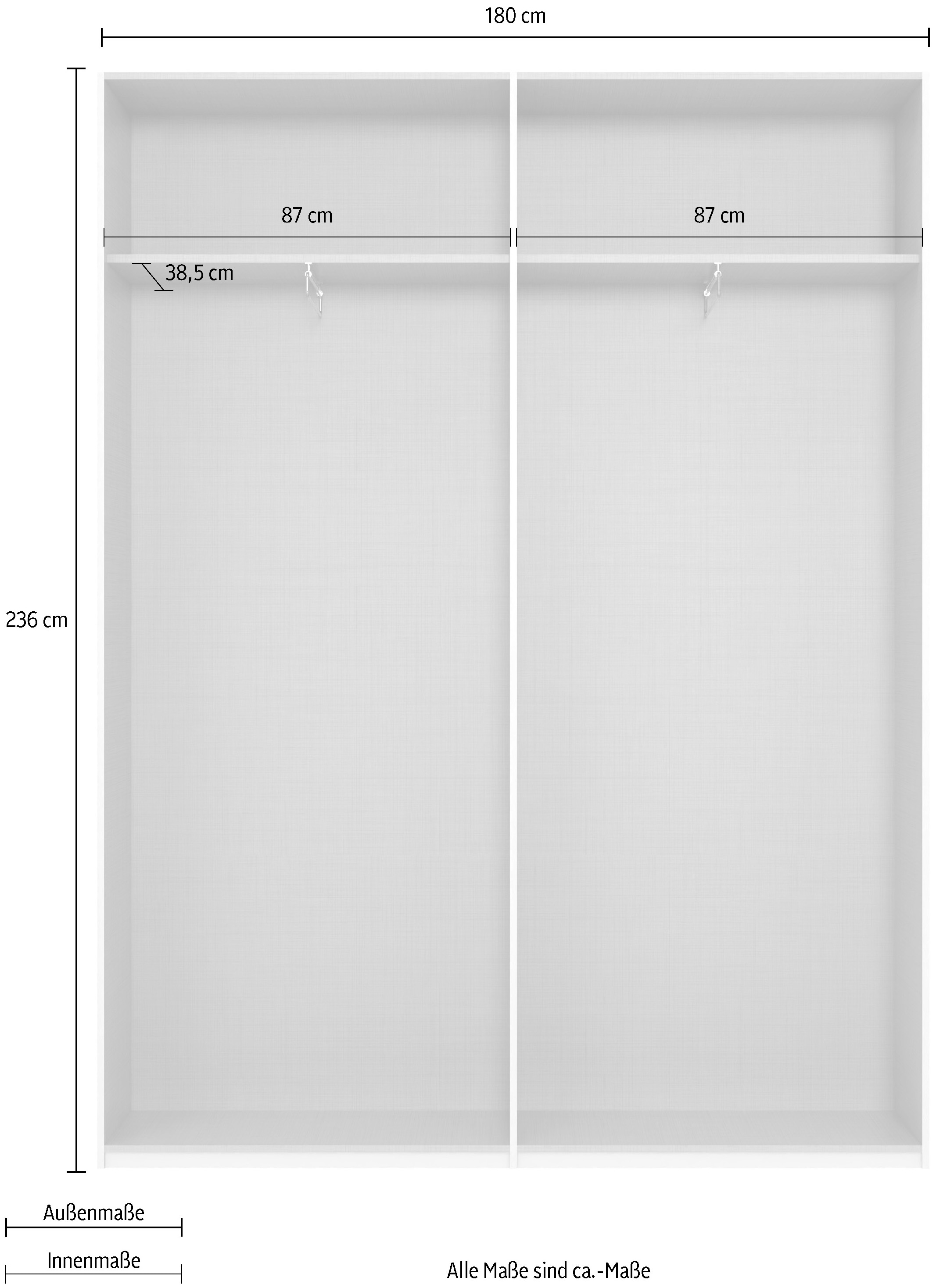 Wimex Kleiderschrank »Mugano, in 5 Breiten und 2 Höhen, Made in Germany«, (in Basic oder Premium Ausstattung mit 2 weiteren Einlegeböden), mit langen Griffstangen aus Metall, wahlweise mit oder ohne Spiegel