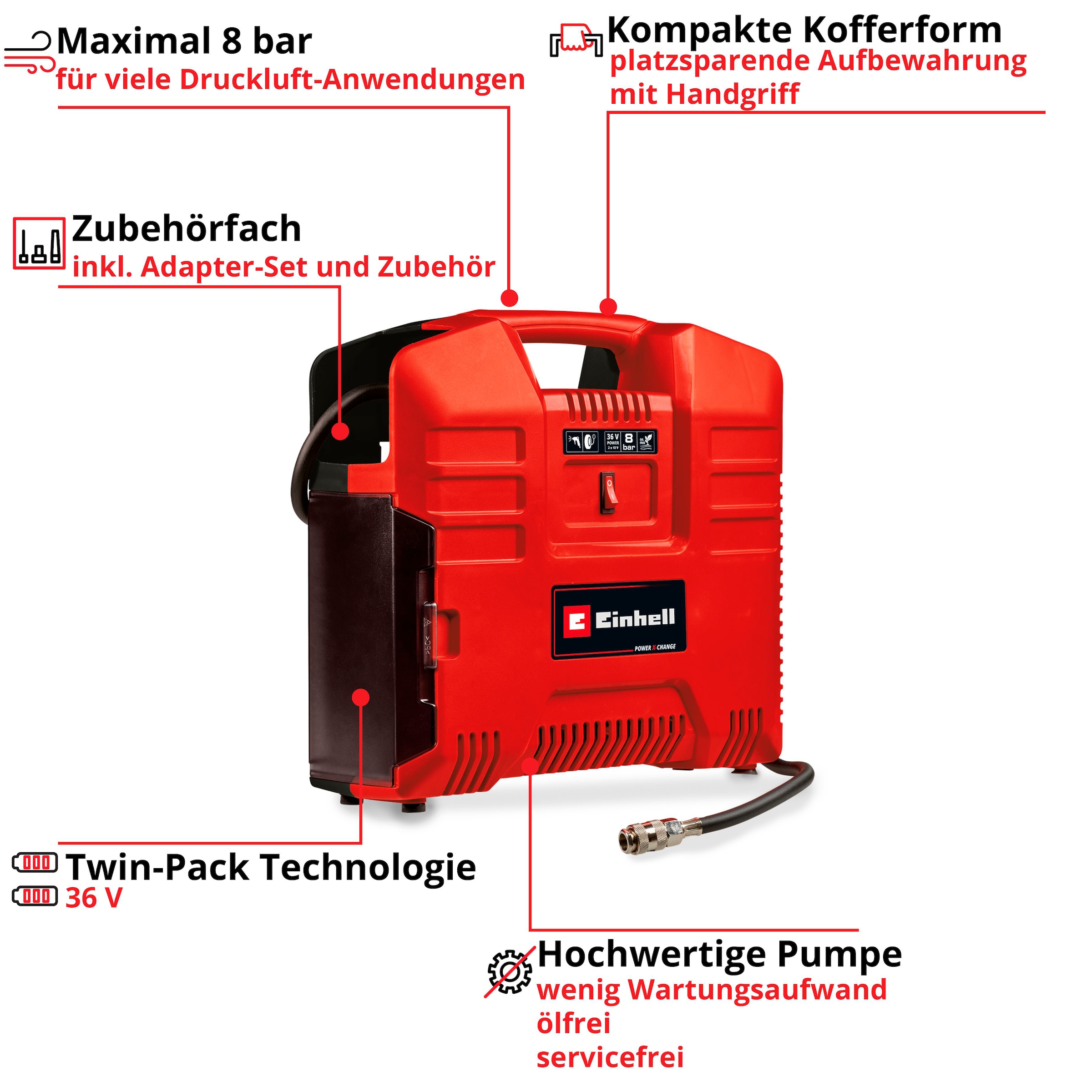 Einhell Koffer-Kompressor »TE-AC 36/8 Li OF Set-Solo«, ohne Akku und Ladegerät, inkl. Aufbewahrungskoffer