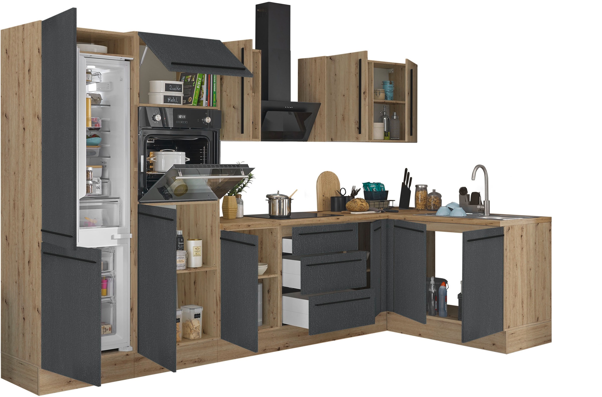 KOCHSTATION Winkelküche »Florida, Stellbreite 330x165 cm« wahlweise mit E-Geräten, mit Softclose für Türen und Schubkästen