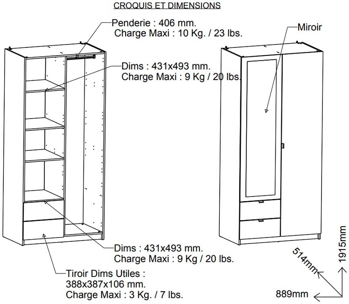 Demeyere GROUP Kleiderschrank »Mellie« SCHRANK 2-TUERIG 1 SPIEGEL  2 SCHUBLADEN