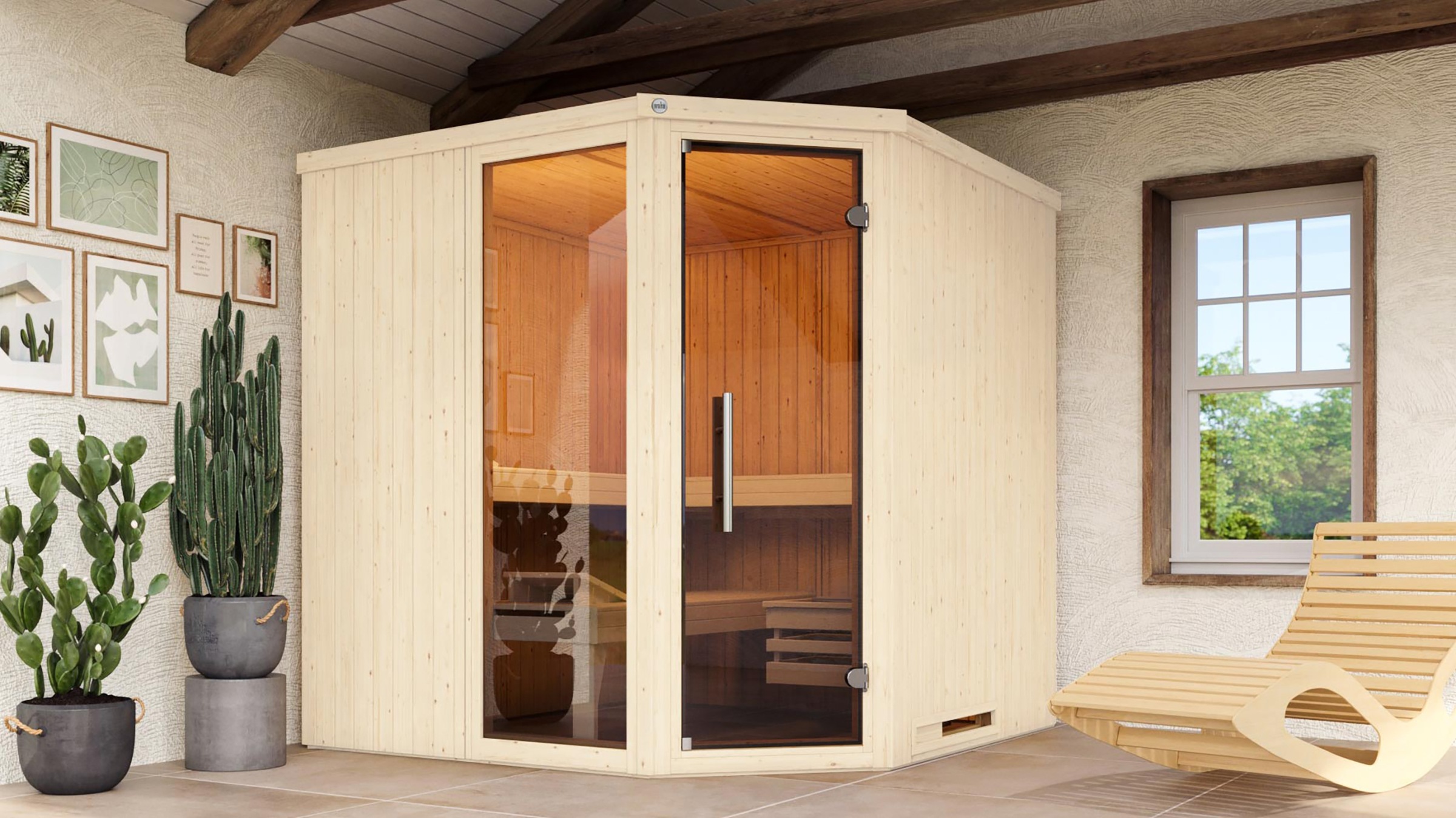 weka Sauna »Element-Ecksauna VARBERG 3« vorgefertigte Elemente, moderne Ganzglastür, bodenl. Fensterelement