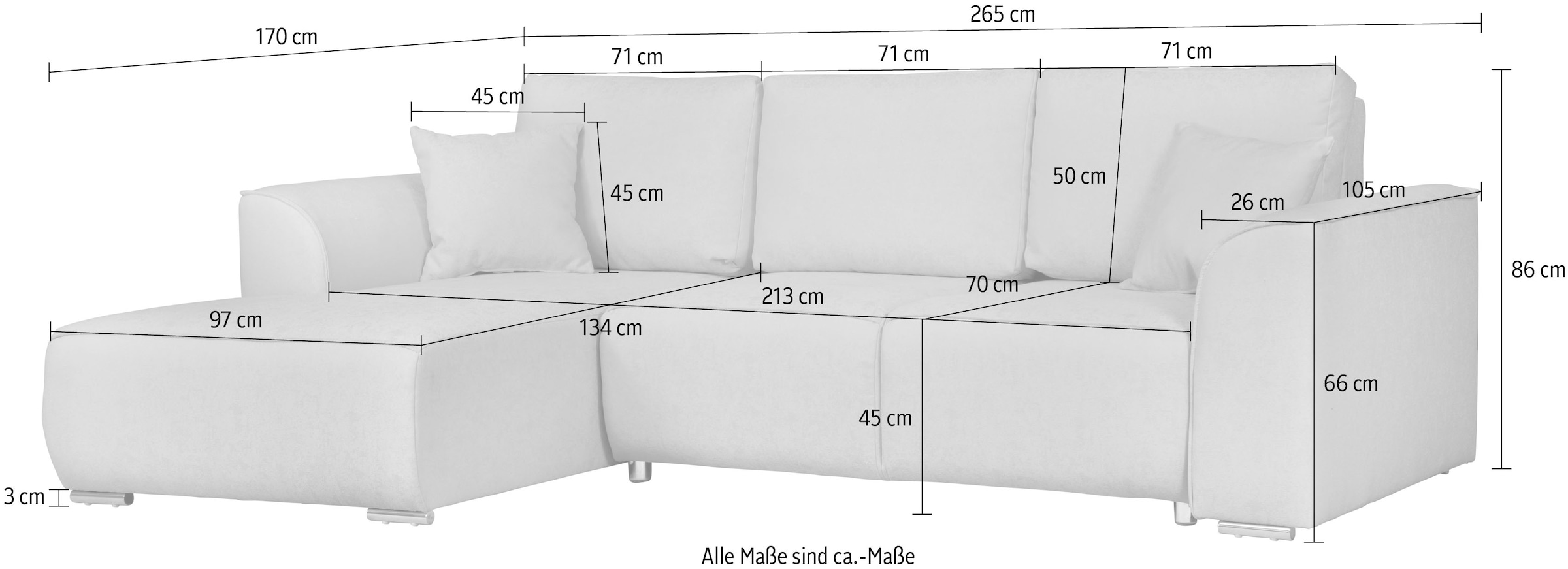 INOSIGN Ecksofa »BEATRICE optionale Schlafsofa mit Bettkasten, B/T/H: 265/170/86 cm«, L-Form, wahlweise auch mit Bettfunktion und Bettkasten