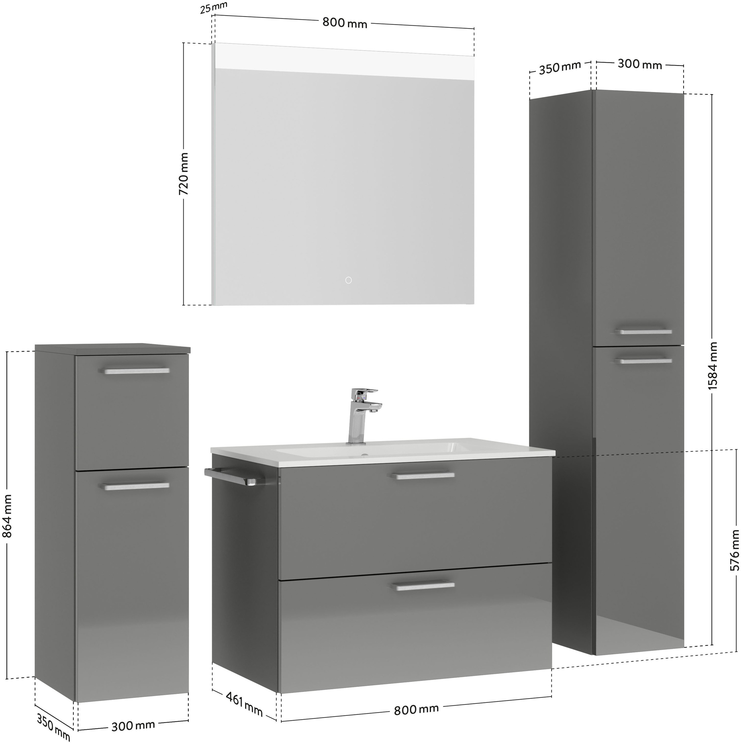 nobilia® Badmöbel-Set »Tolvina«, (4 St., vormontiert, mit Soft-Close), Hochglanz, inkl. Spiegel mit Touch-Sensor, in vier Breiten