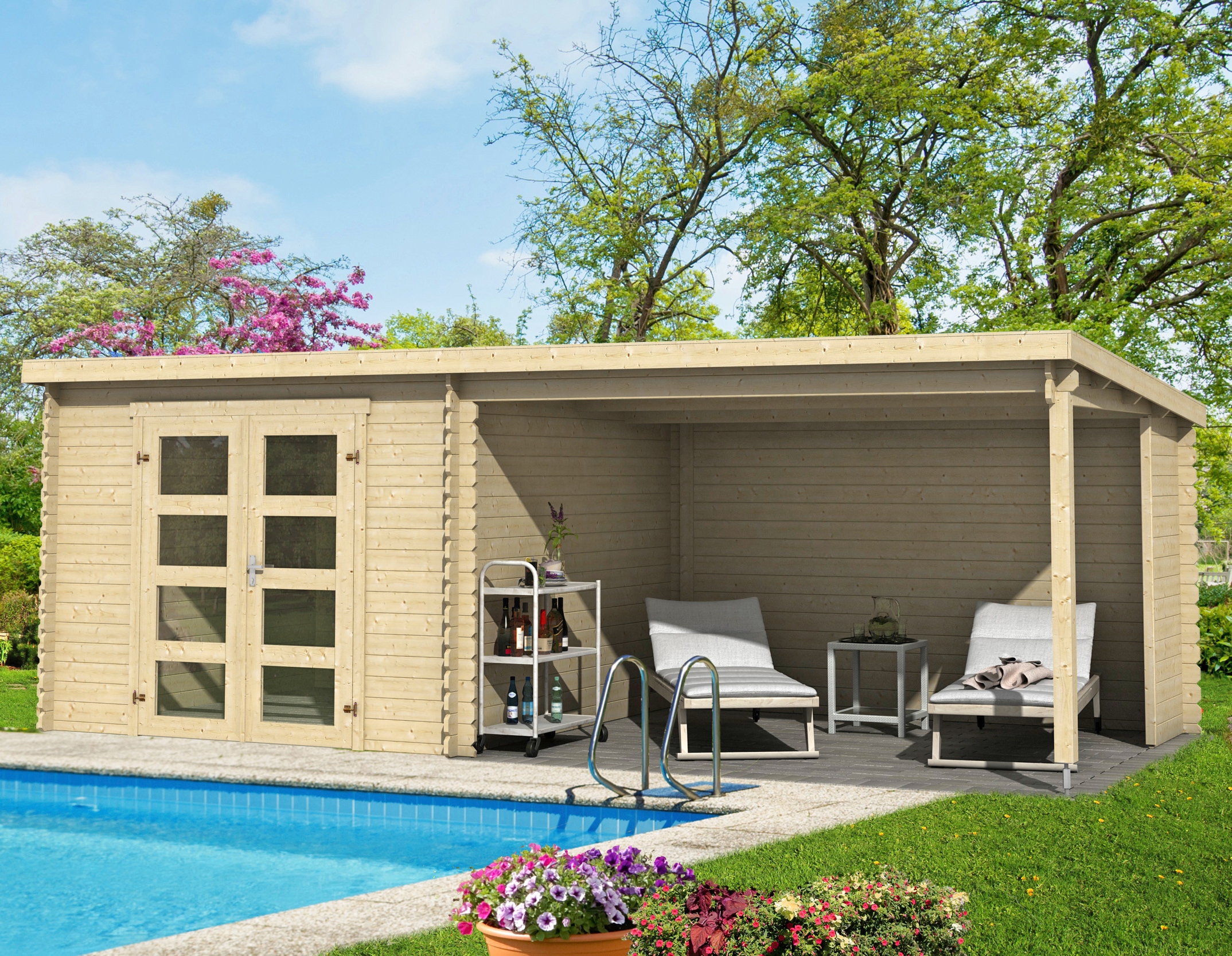 LASITA MAJA Gartenhaus »Novia 275 Plus« Blockbohlenhaus 28mm, mit Anbau