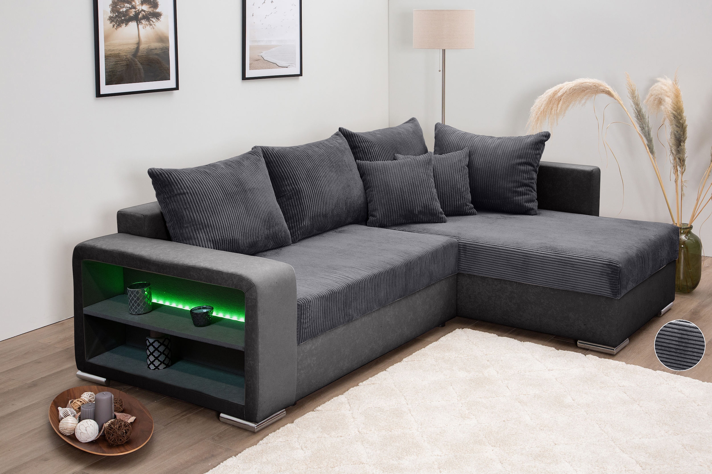 Ecksofa »L-Form«, Regalarmlehne mit LED RGB Beleuchtung,Bettfunktion und Bettkasten