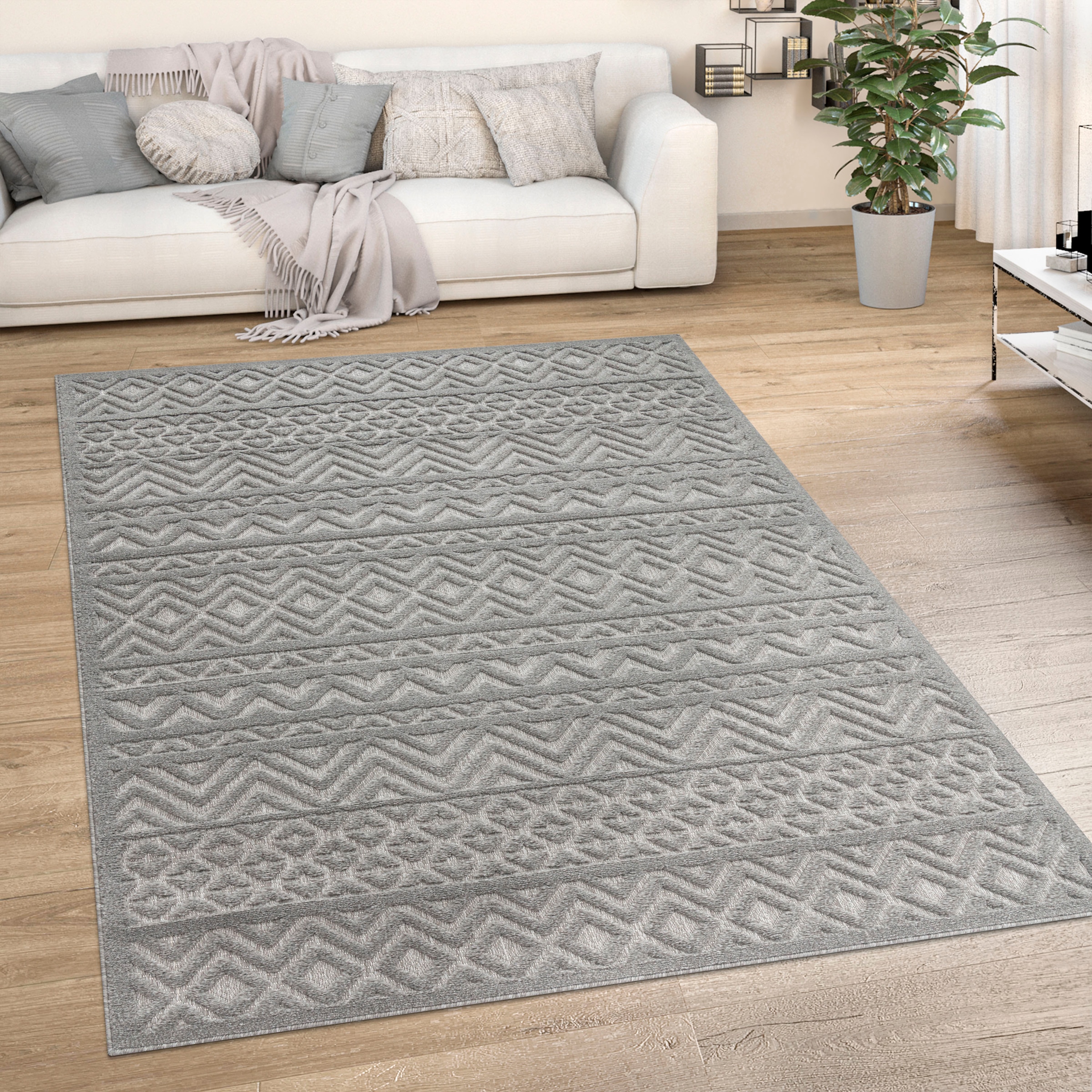 Paco Home Teppich »Livorno 673«, rechteckig, Uni-Farben, Scandi, Rauten  Muster, Hoch-Tief Effekt, Outdoor geeignet auf Raten kaufen | Kurzflor-Teppiche