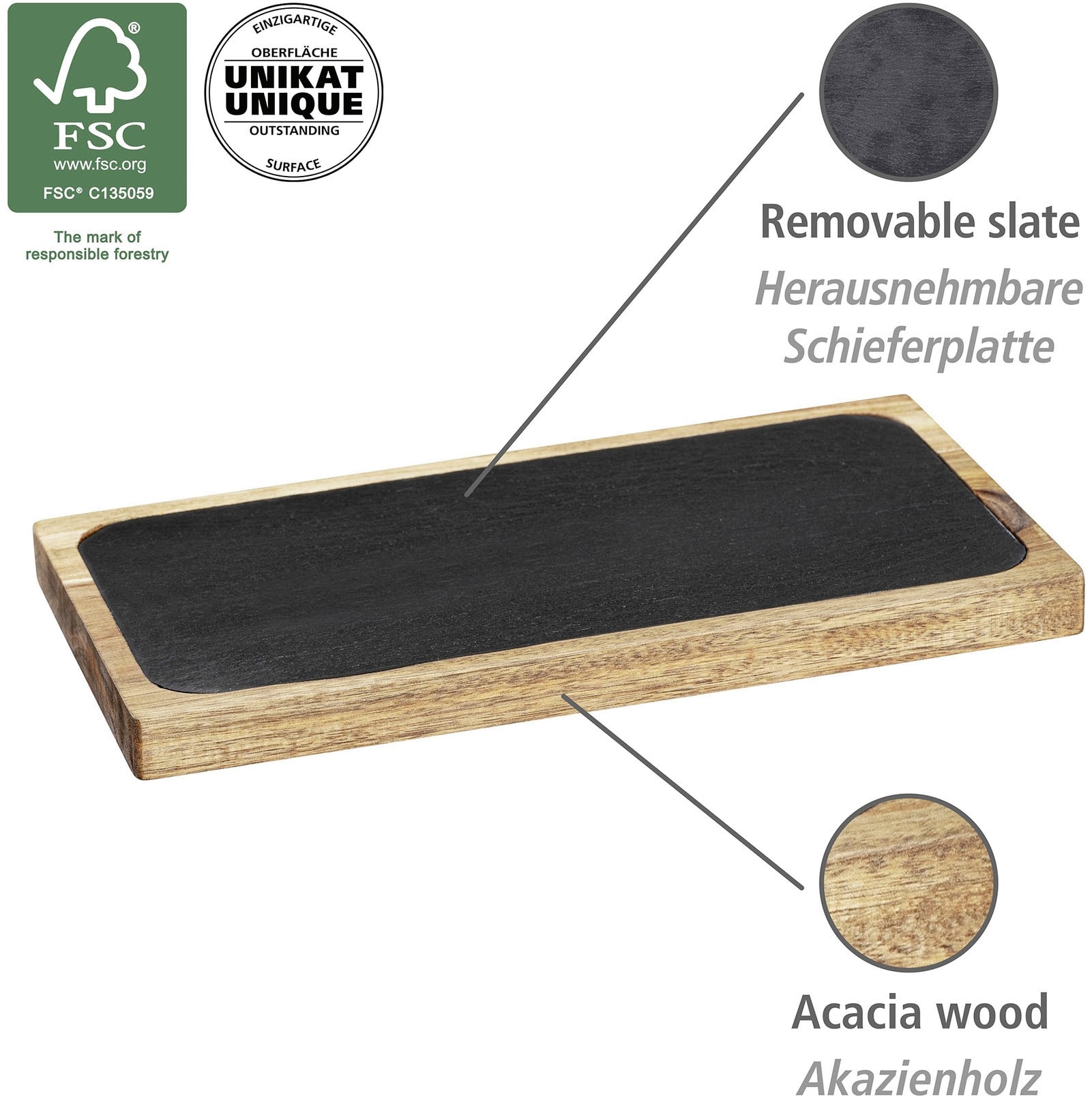 WENKO Servierbrett »Modell Ava mit Fleischgabel & Messer«, (Set, 3 St.), Tranchierset, Schneidebrett aus FSC® zertifiziertem Akazienholz