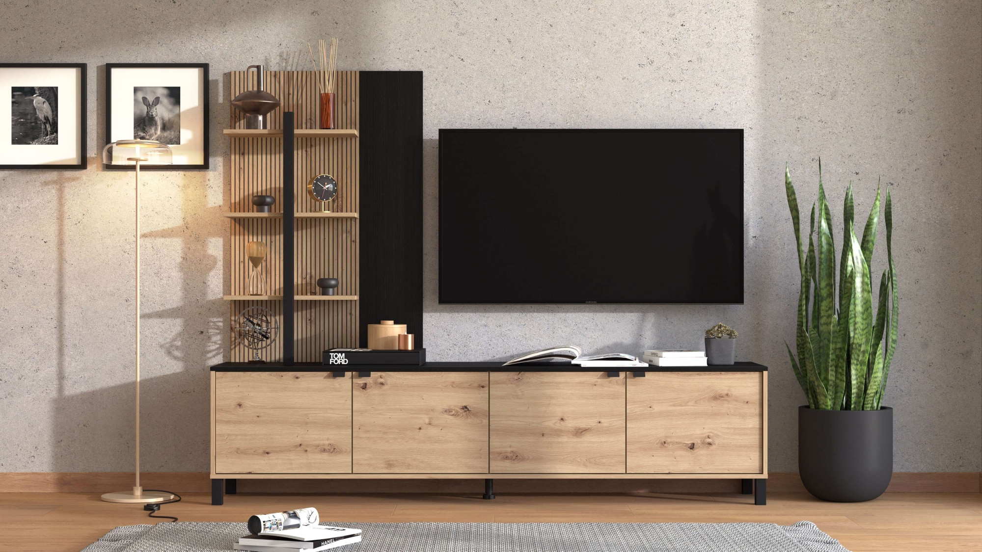 Home affaire Wohnwand »Margate inkl.TV-Board und Standregal«, 208 cm, mit dekorativen schwarzen Streifen, metallgriffe