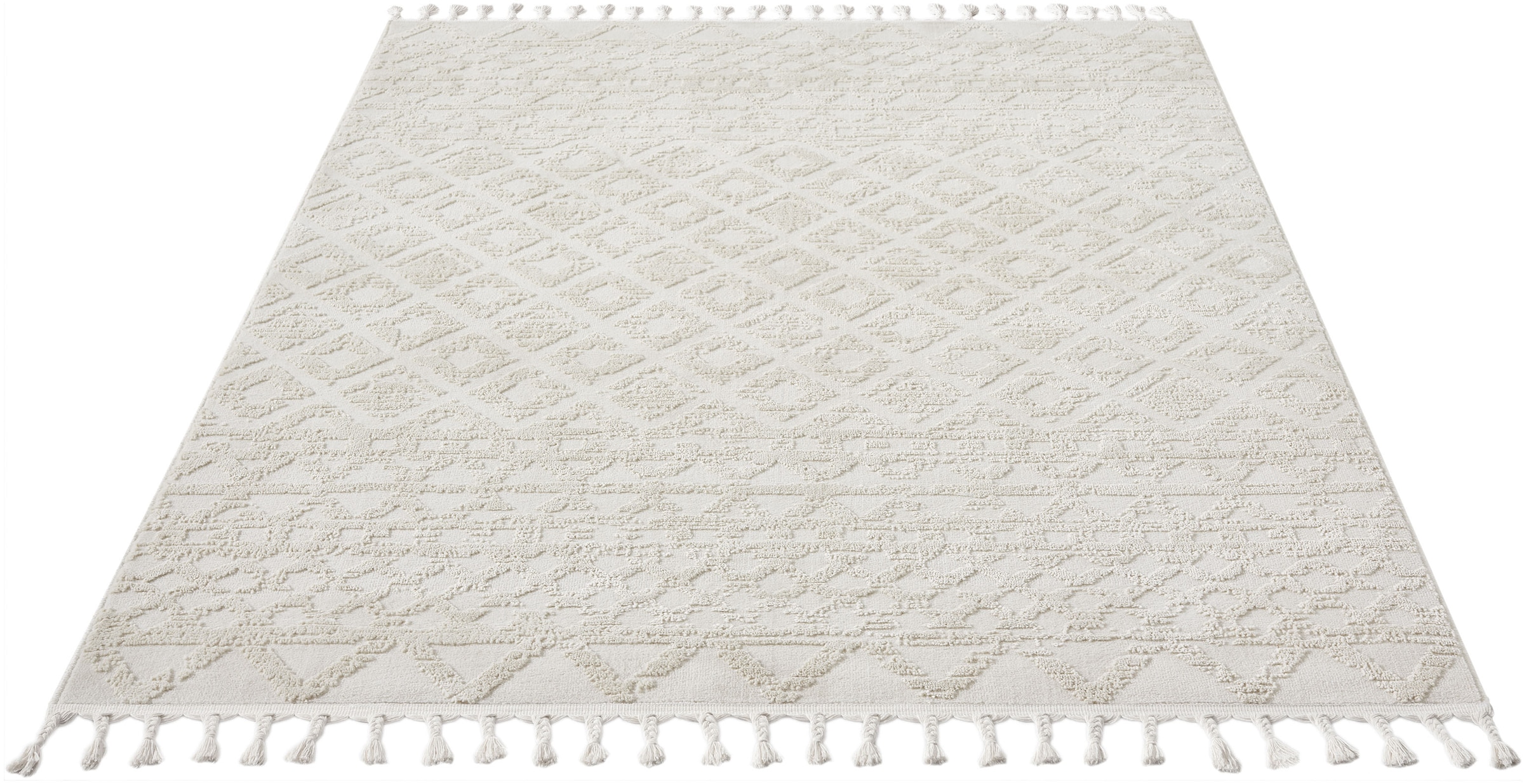 my home Teppich »Ribeyret« rechteckig 11 mm Höhe mit Fransen, Hoch-Tief-Struktur, Woll-Look, Boho-Style, Wohnzimmer