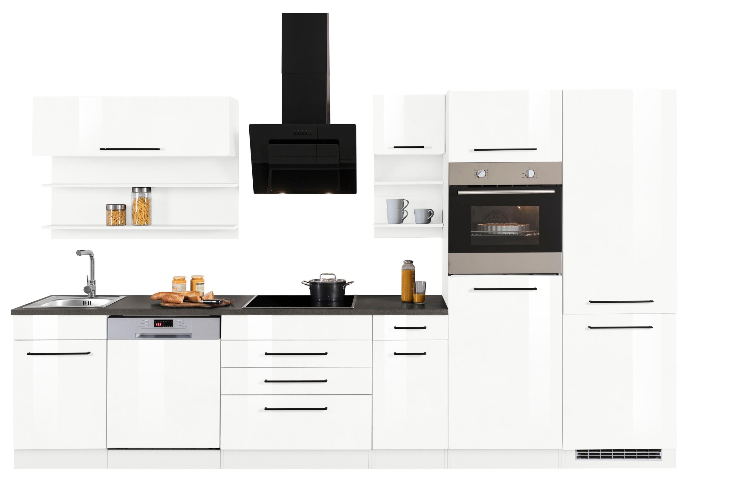 KOCHSTATION Küchenzeile »KS-Tulsa« ohne E-Geräte, Breite 350 cm, schwarze Metallgriffe, MDF Fronten