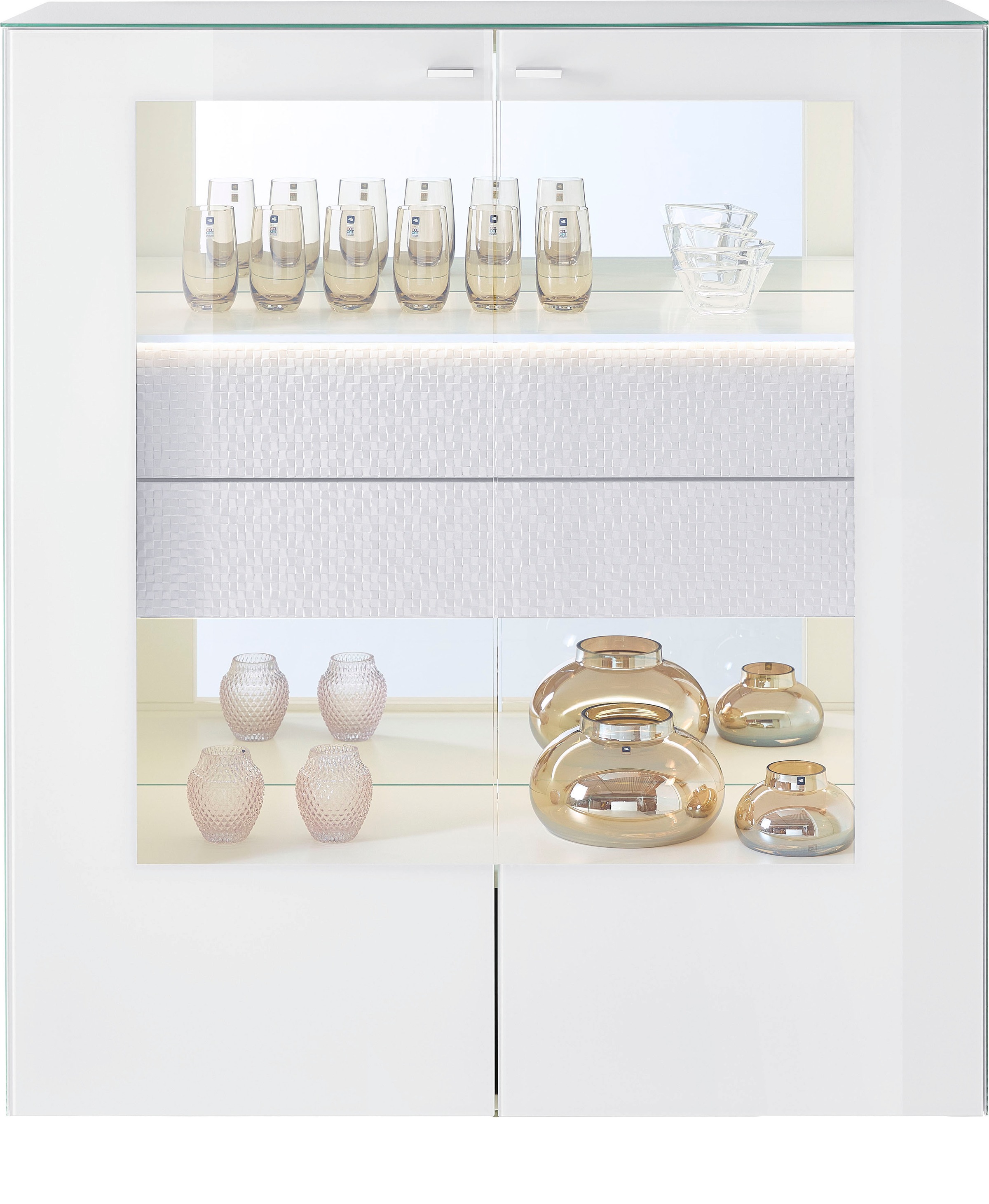 LEONARDO Highboard »AUREA« mit Pailletten-Akzent, wahlweise mit Beleuchtung Lack weiß/Paillette weiß