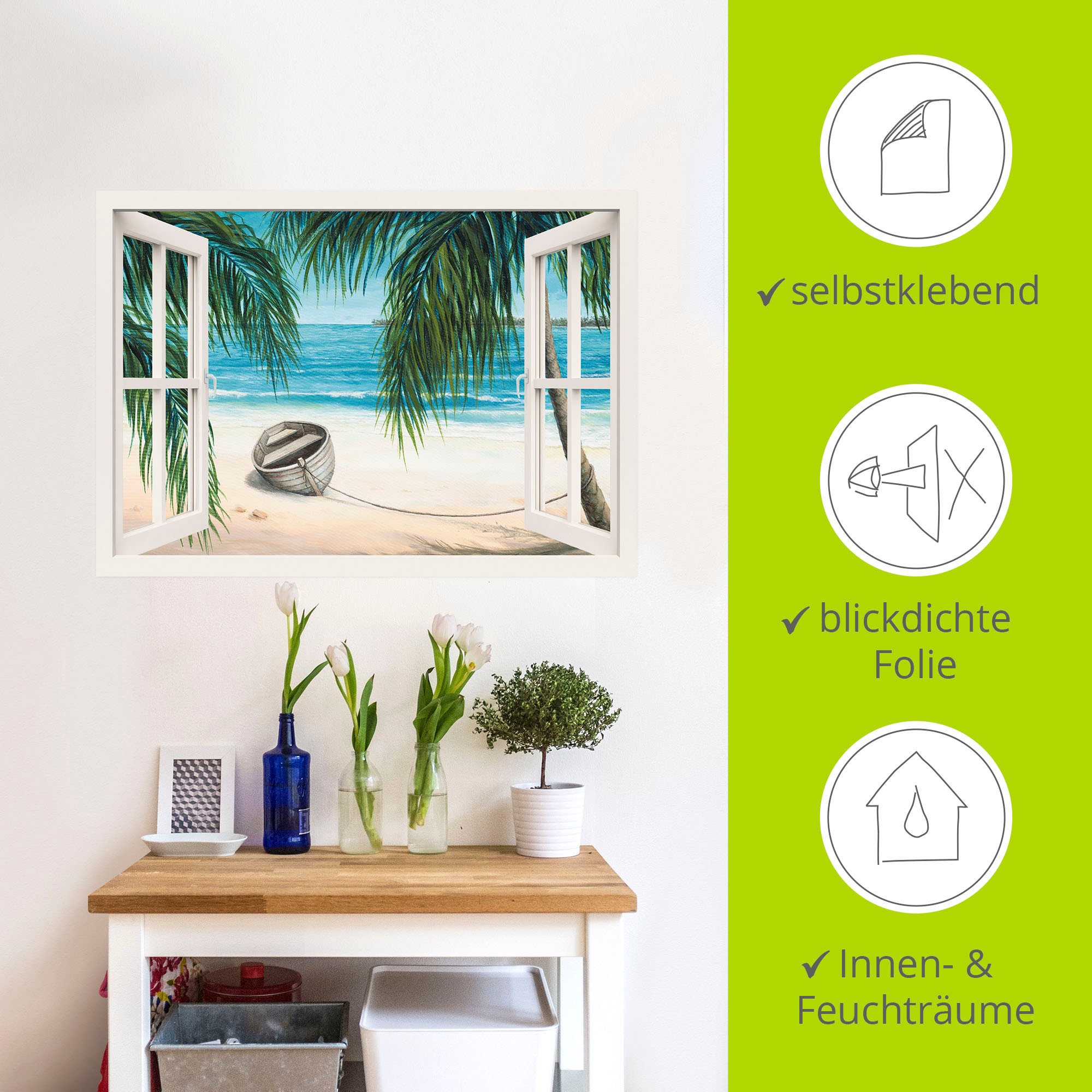 Artland Wandbild »Fensterblick - Karibik«, Fensterblick, (1 St.), als Leinwandbild, Wandaufkleber in verschied. Größen