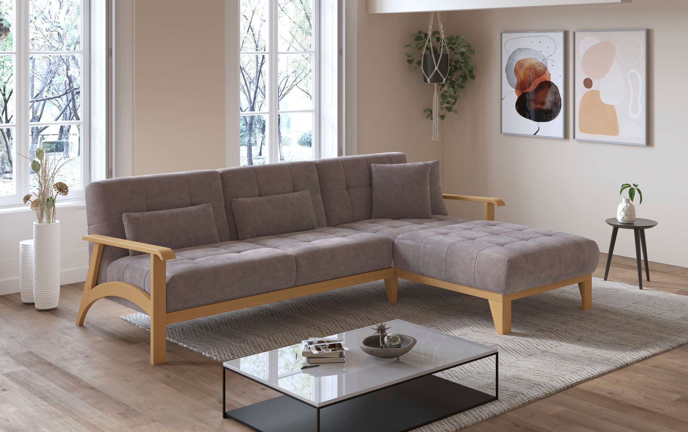 sit&more Ecksofa »Billund L-Form«, Armlehnen aus eichefarbigem Buchenholz, verschiedene Bezüge und Farben