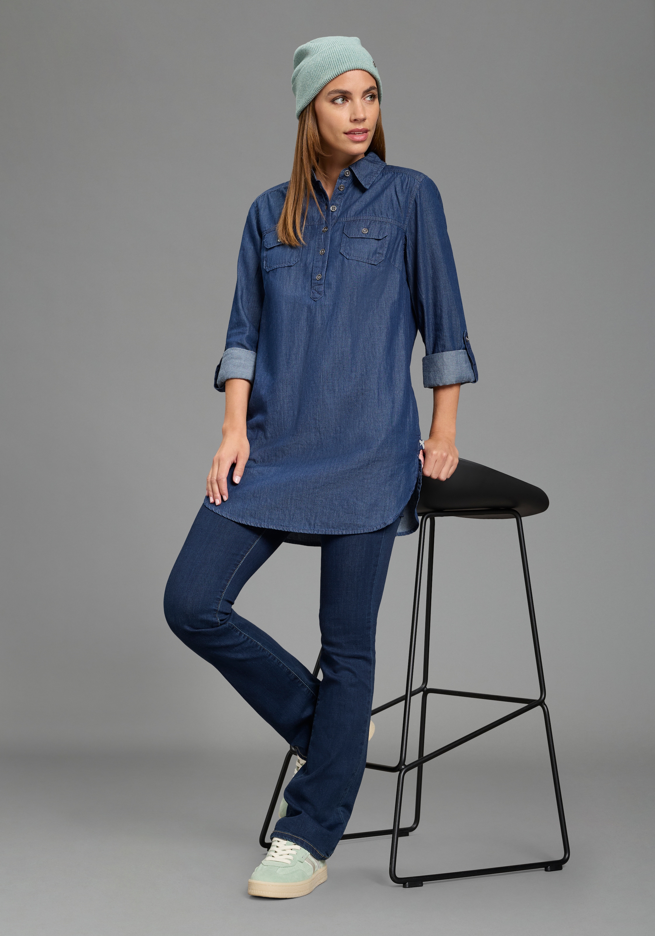 Arizona Jeansbluse »Krempelärmel mit Riegel« im Tunikastil