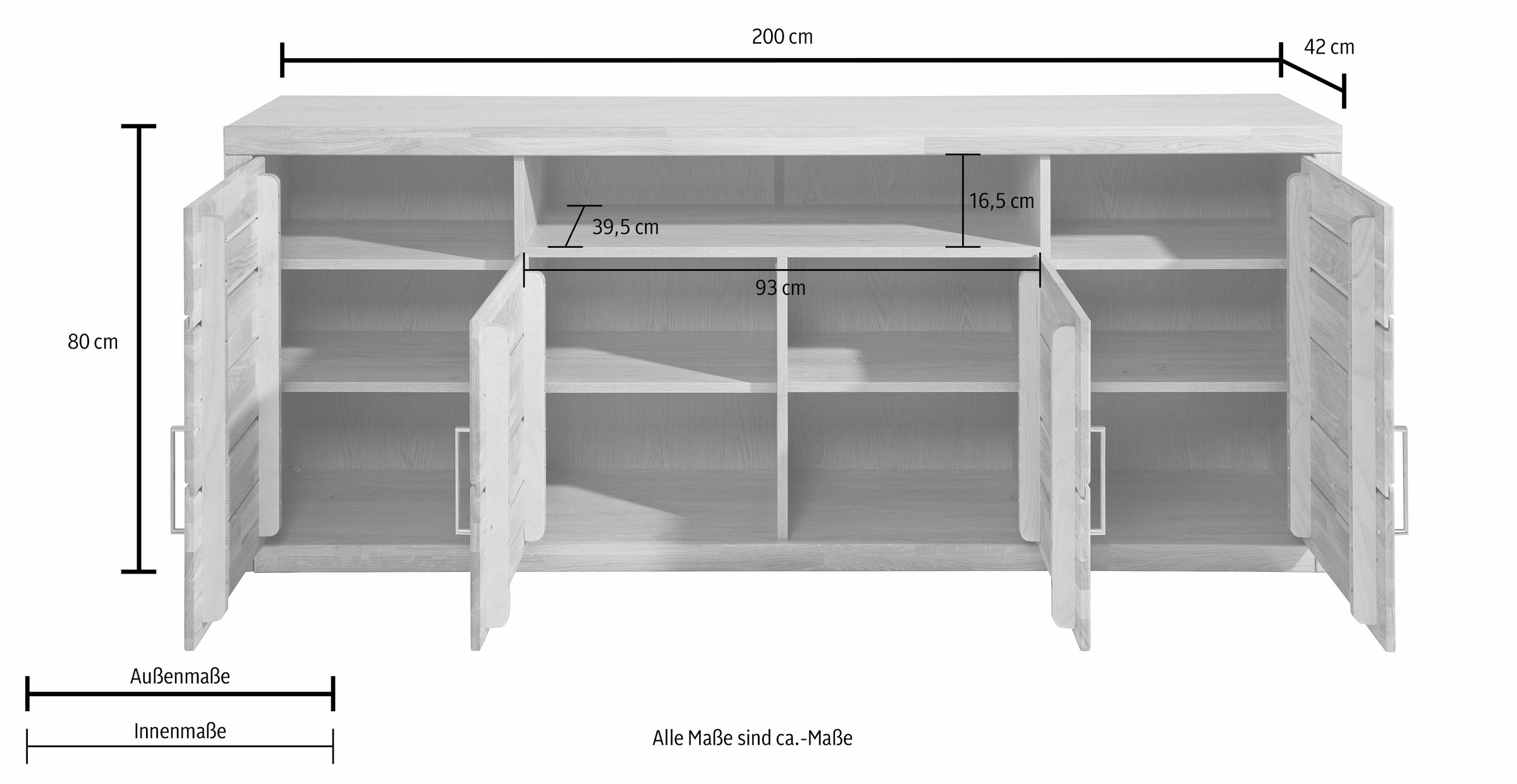 Home affaire Sideboard »Logo,200cm breit,42 cm tief,Fronten Massivholz,11 F günstig online kaufen