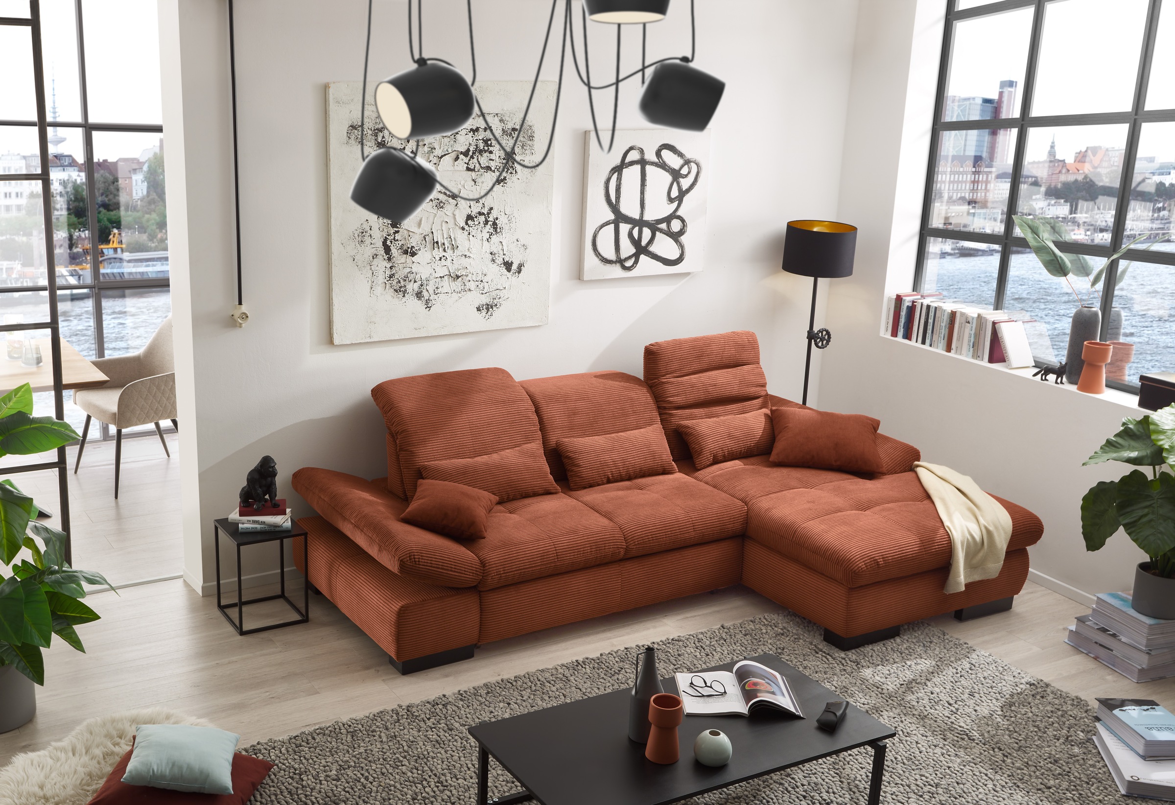 set one by Musterring Ecksofa »SO4100 V«, mit verstellbaren Kopfteilen, wahlweise mit Funktionen, Cord-Bezug