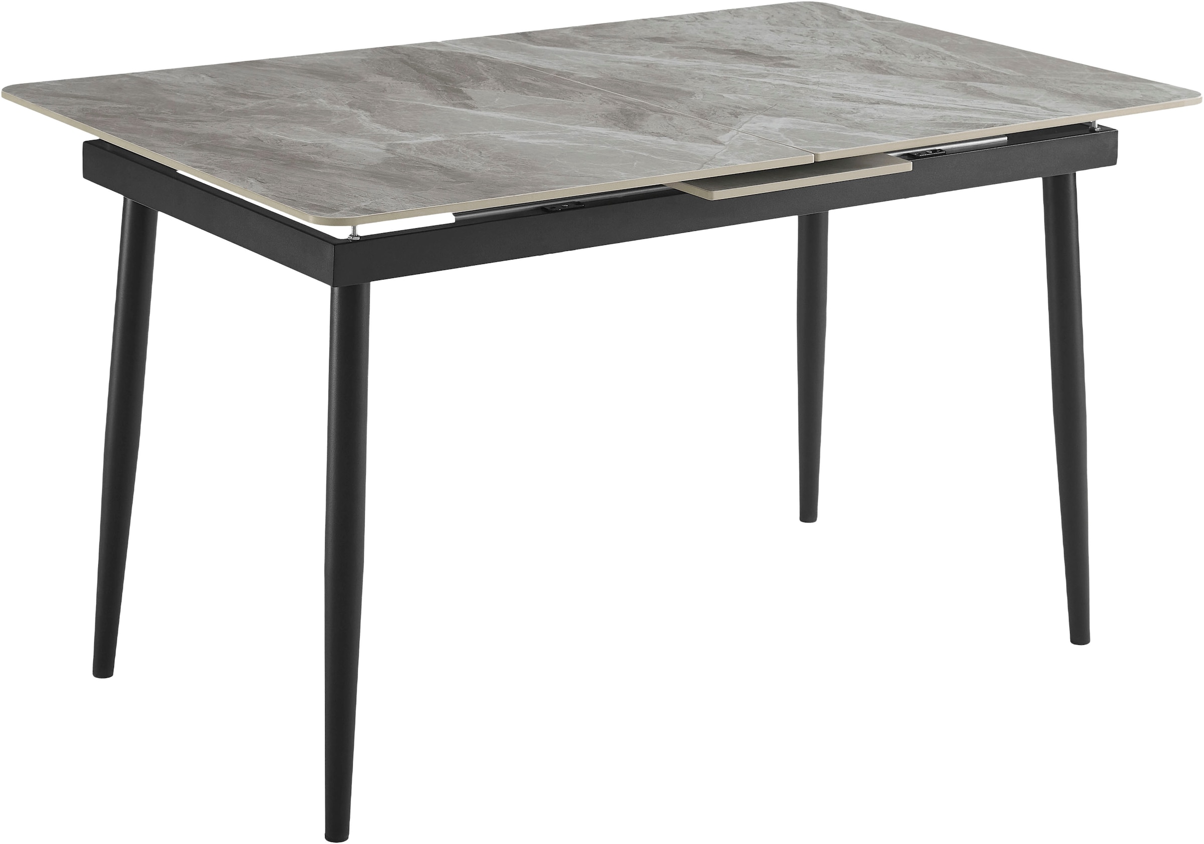 OTTO home Eckbankgruppe »Stevian« Set, 1 ausziehbarer Esstisch + 1 Eckbank Recamiere links + 2 Stühle, 4 Stk. tlg. Holz, Strukturstoffbezug, Freischwingerstühle, gesteppten Bänken