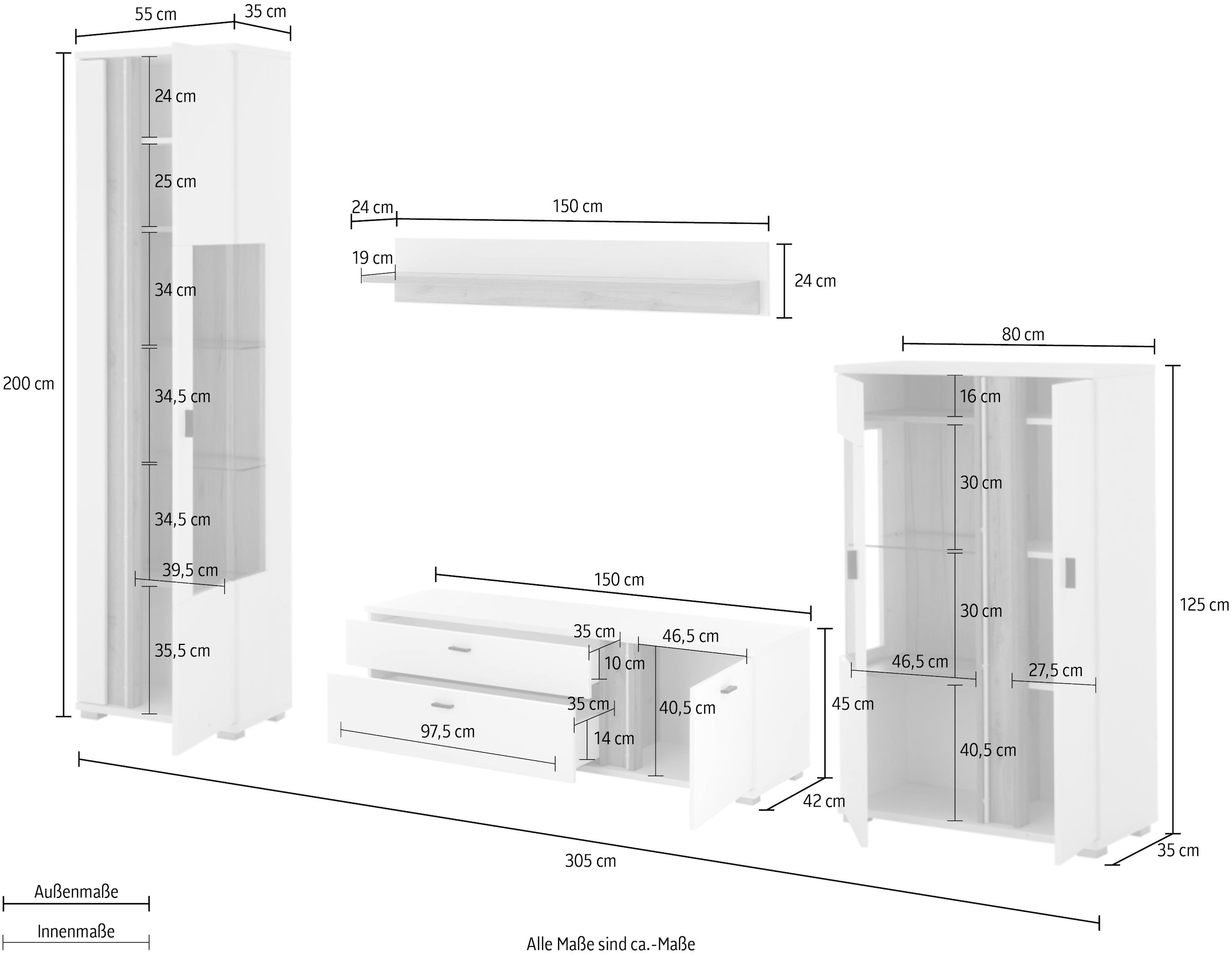 INOSIGN Wohnwand »LONG ISLAND«, (Set, 4 St.), in moderner Trendfarbe,inklusive senkrechter Beleuchtung,Breite 305 cm
