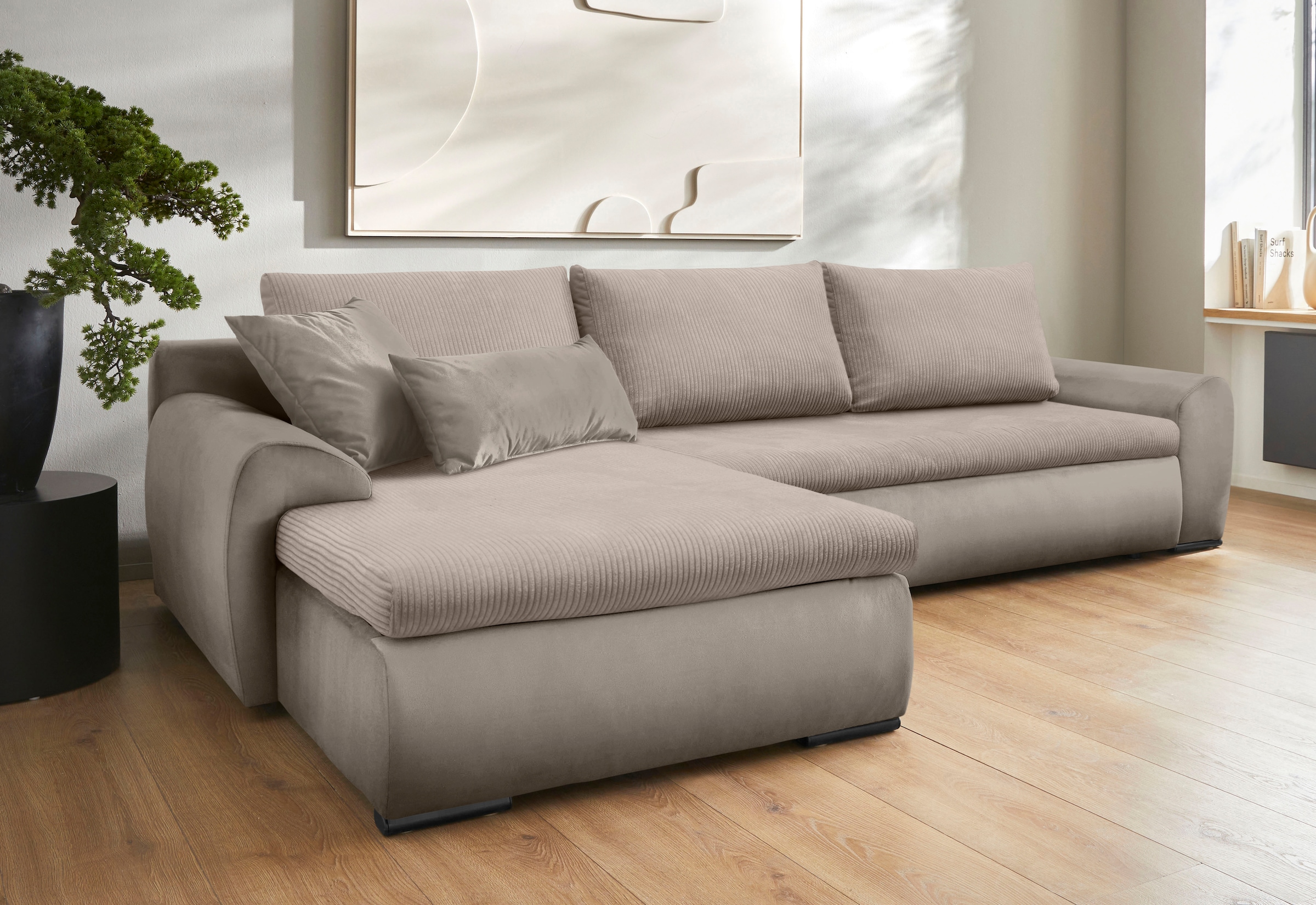 Home affaire Ecksofa »Win L-Form«, optional mit Schlaffunktion und Bettkasten, taupe, Cord