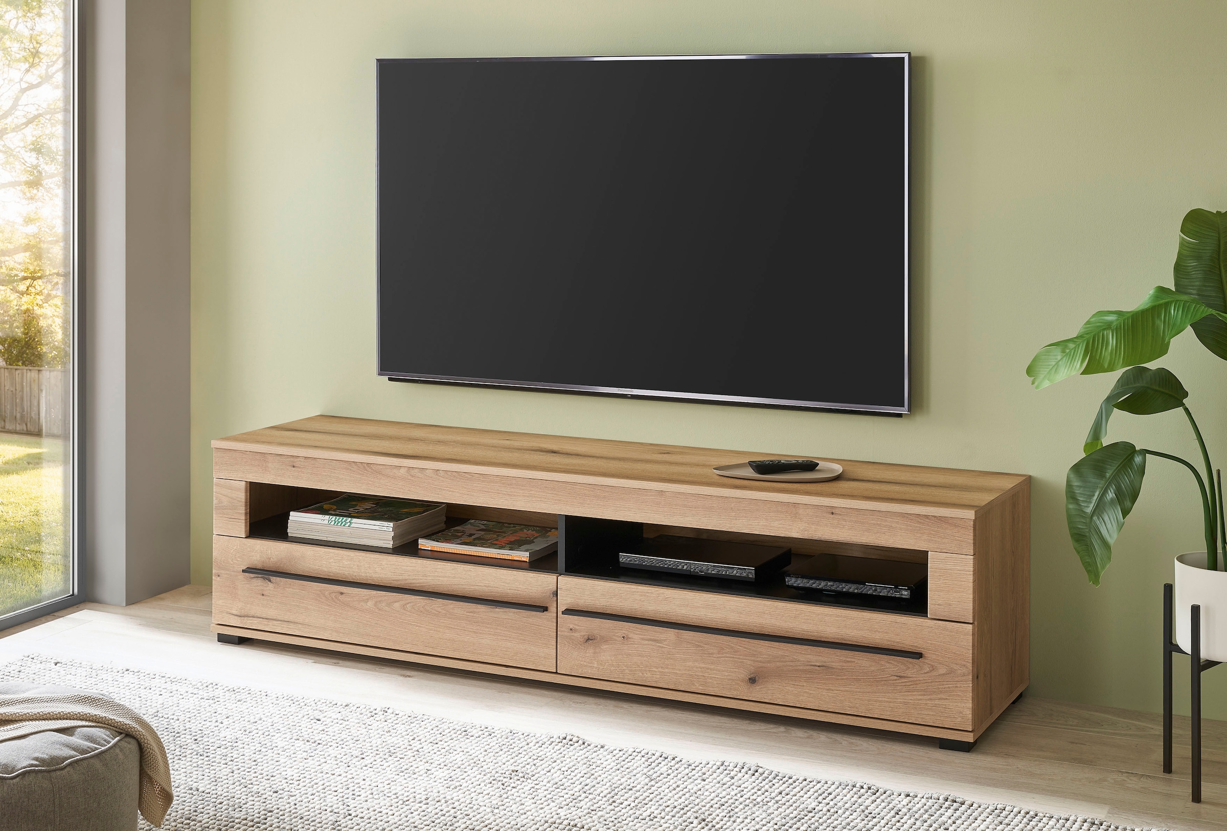 INOSIGN Wohnwand »Cantara, moderne Anbauwand, Wohnzimmer-Set, in Eiche Evoke oder Weiß«, (Set), enthält eine Vitrine, ein Lowboard und zwei Wandboards