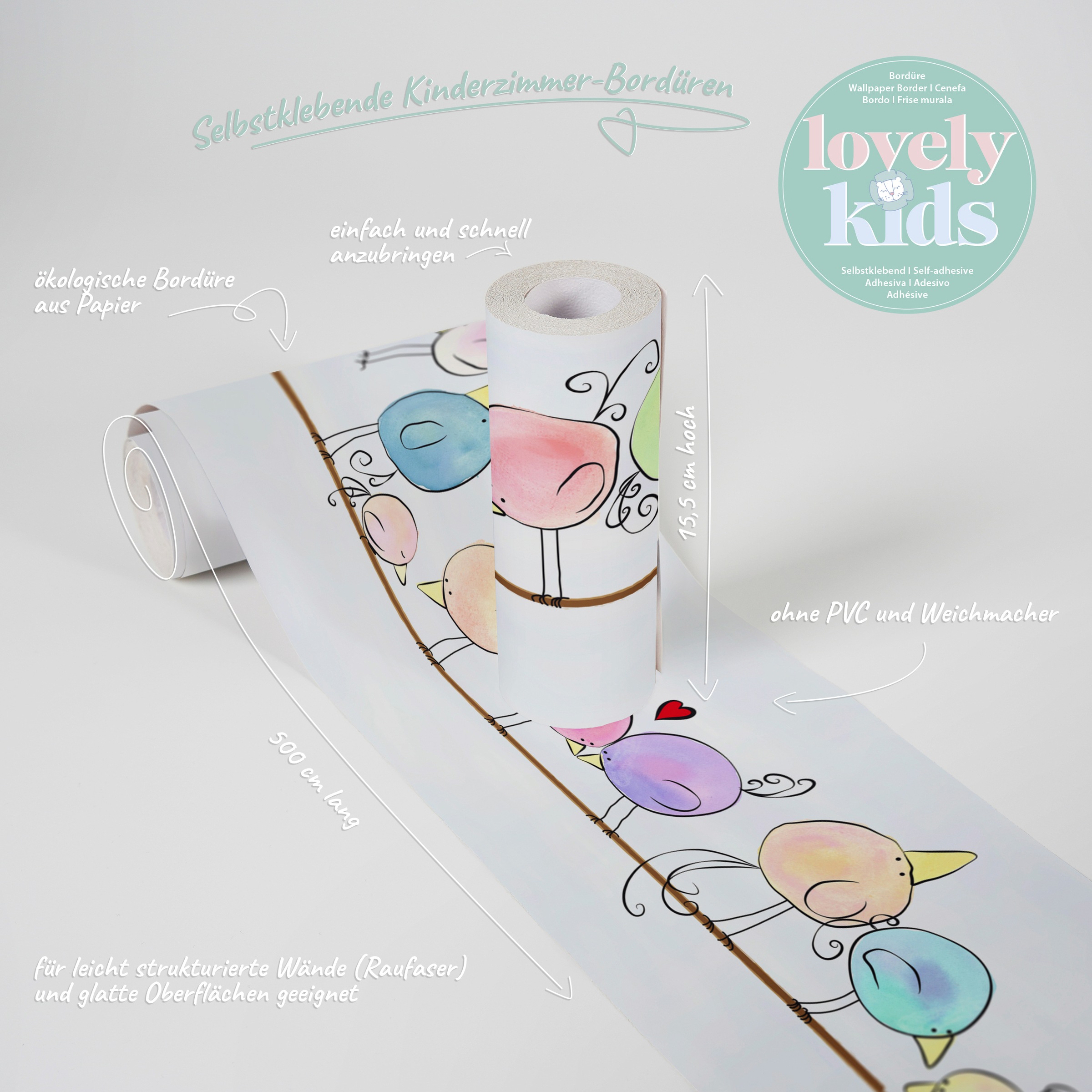 A.S. Création Bordüre »Funny Birds«, Motiv-abstrakt-naturalistisch, Kindertapete Tapete für Baby- und Kinder Borte Design Kinderzimmer