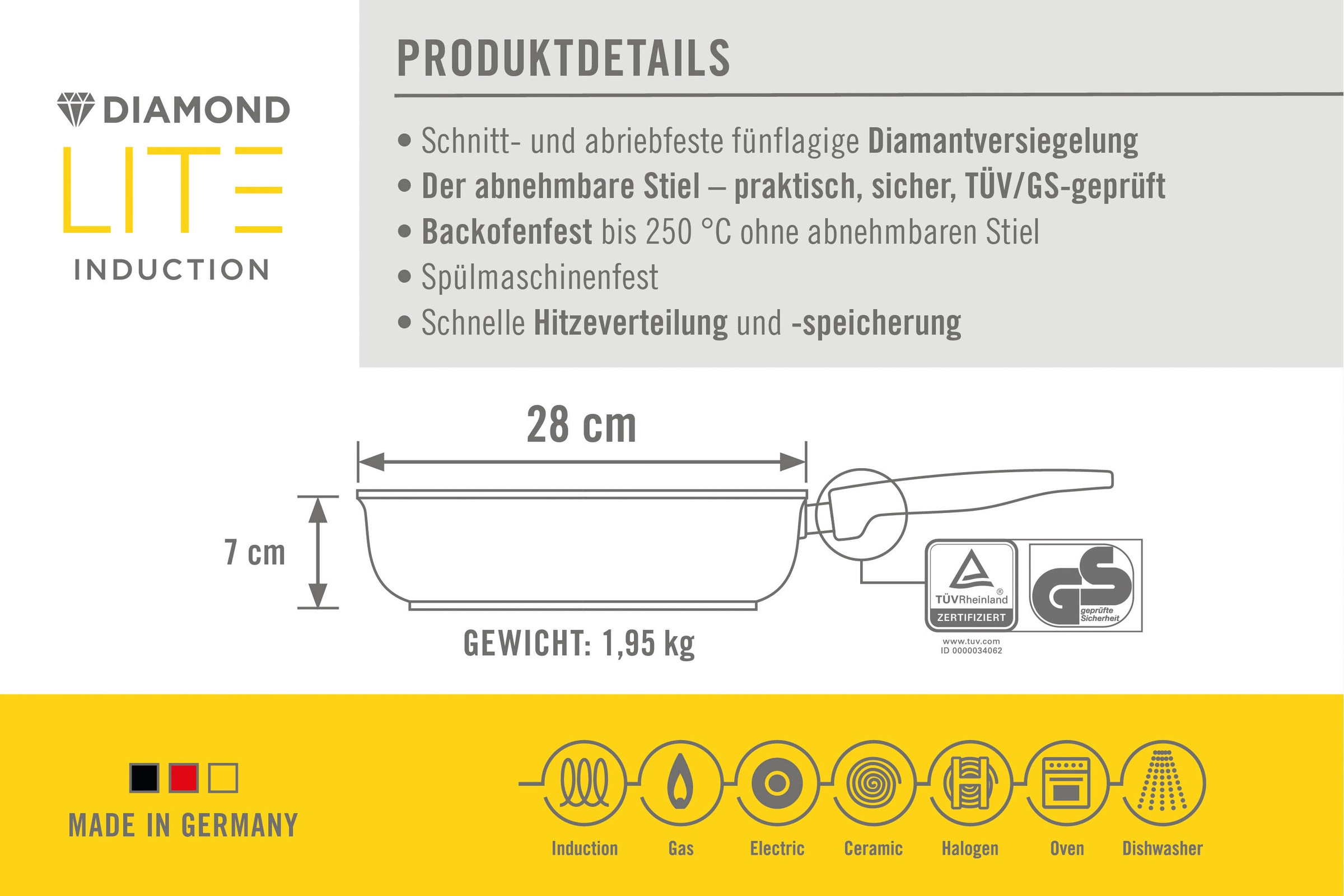 WOLL MADE IN GERMANY Schmorpfanne »Diamond Lite«, Aluminiumguss, (1 tlg.), von Hand gegossen, abnehmbarer Griff, Ø 32 cm, Made in Germany