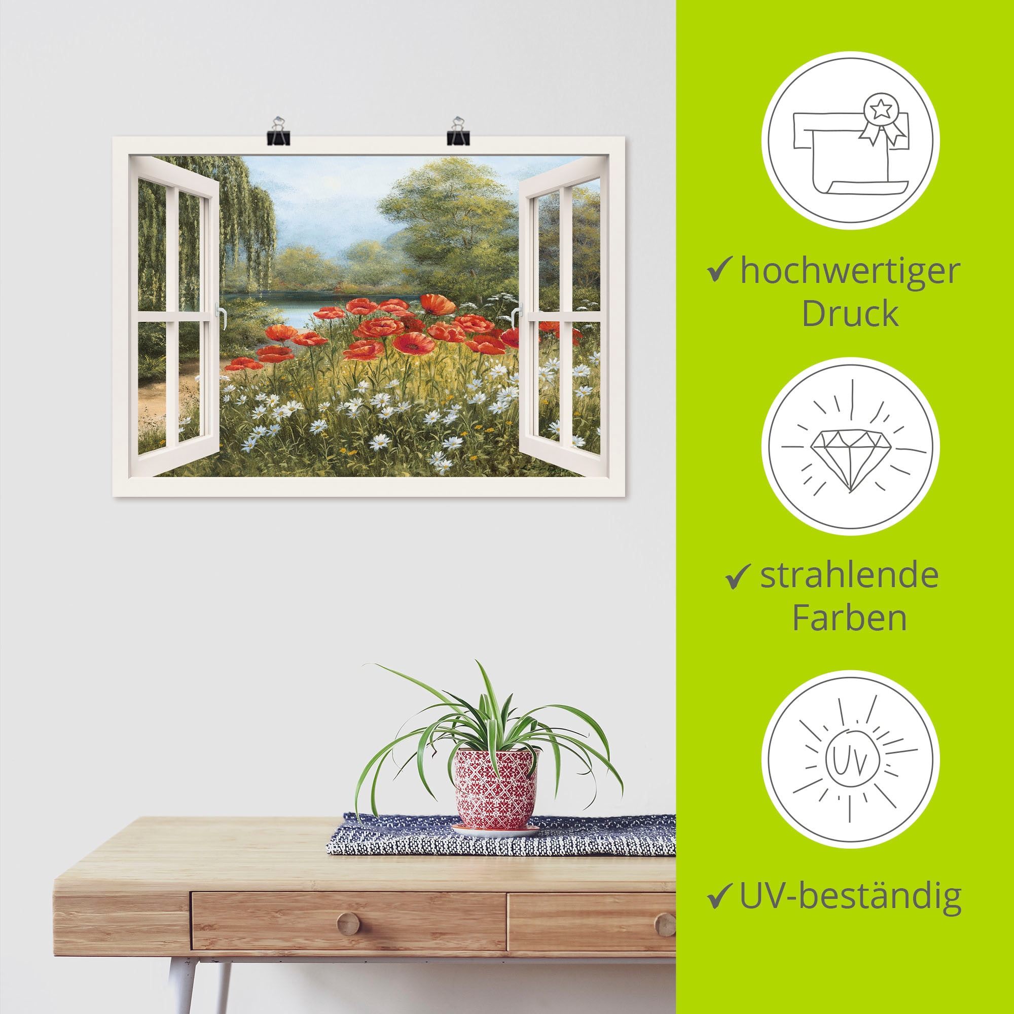 Artland Wandbild »Fensterblick Mohnwiese«, Fensterblick, (1 St.), als Leinwandbild, Poster in verschied. Größen
