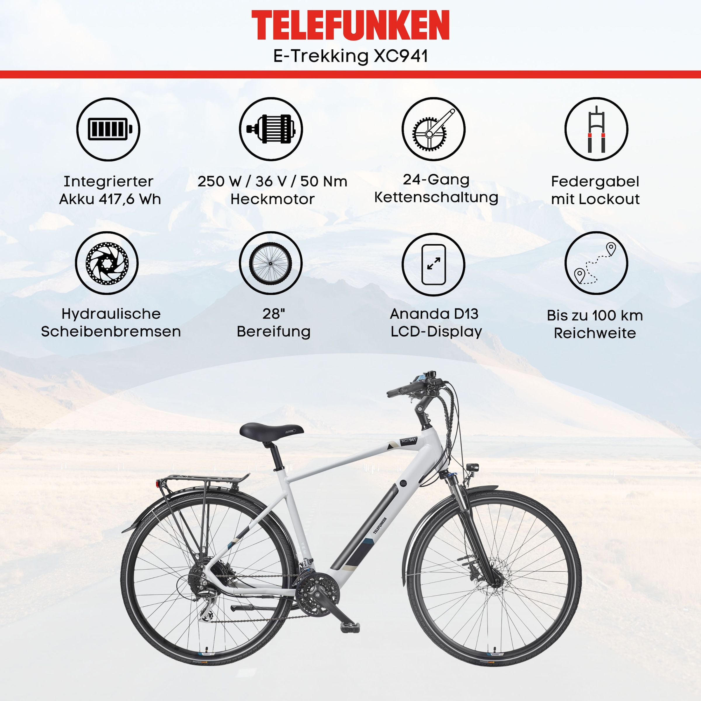 Telefunken E-Bike »Expedition XC941«, 24 Gang, Shimano, Acera, Heckmotor 250 W, (ca. 100 km Reichweite-hydraulische Scheibenbremsen-Straßenzulassung), Trekking Elektrofahrrad, Herren, 28 Zoll, 36 V 417,6 Wh Akku, Pedelec