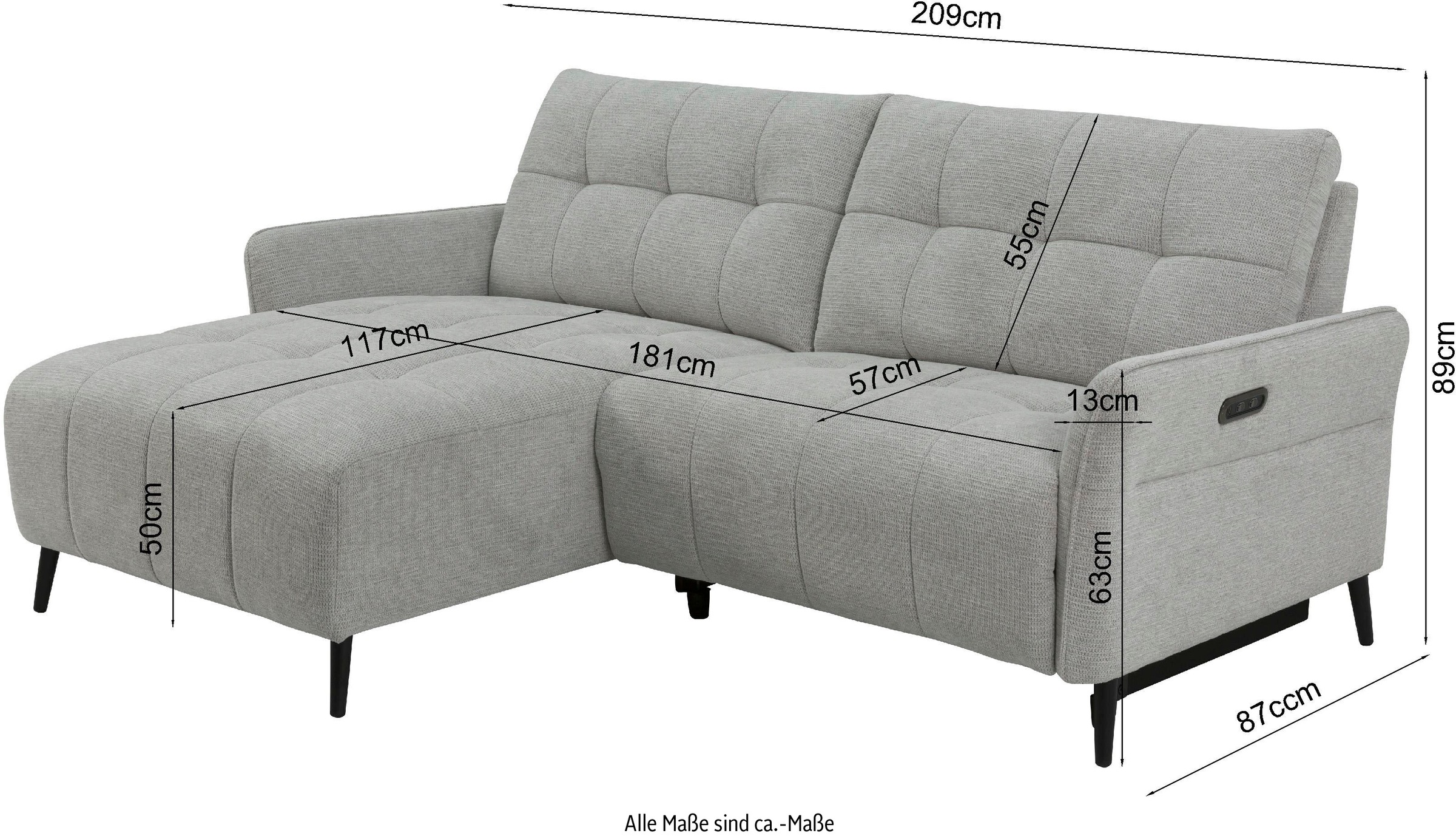 INOSIGN Ecksofa »DENIO 3-Sitzer, L-Form (Breite 209cm), elektr. Relaxfunktion, USB-A/C«, Liegefunktion durch Recliner, Federkernpolsterung