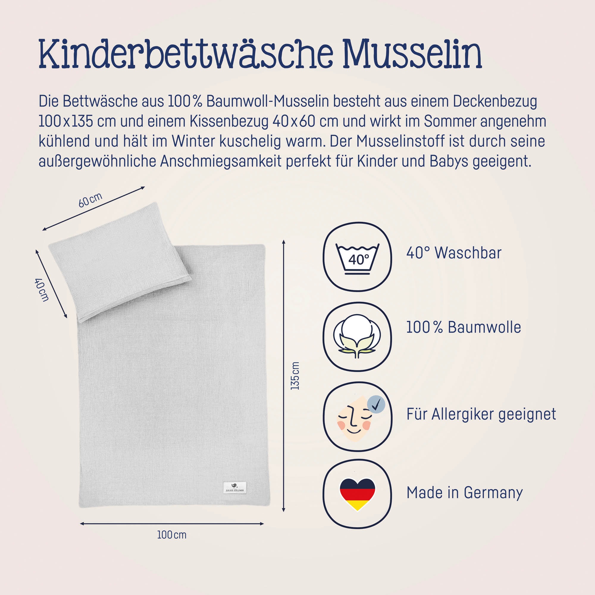 Julius Zöllner Kinderbettwäsche »Baby- und Kinderbettwäsche aus 100% Musselin«, erhältlich in den Größen 80x80+35x40cm und 100x135+40x60cm