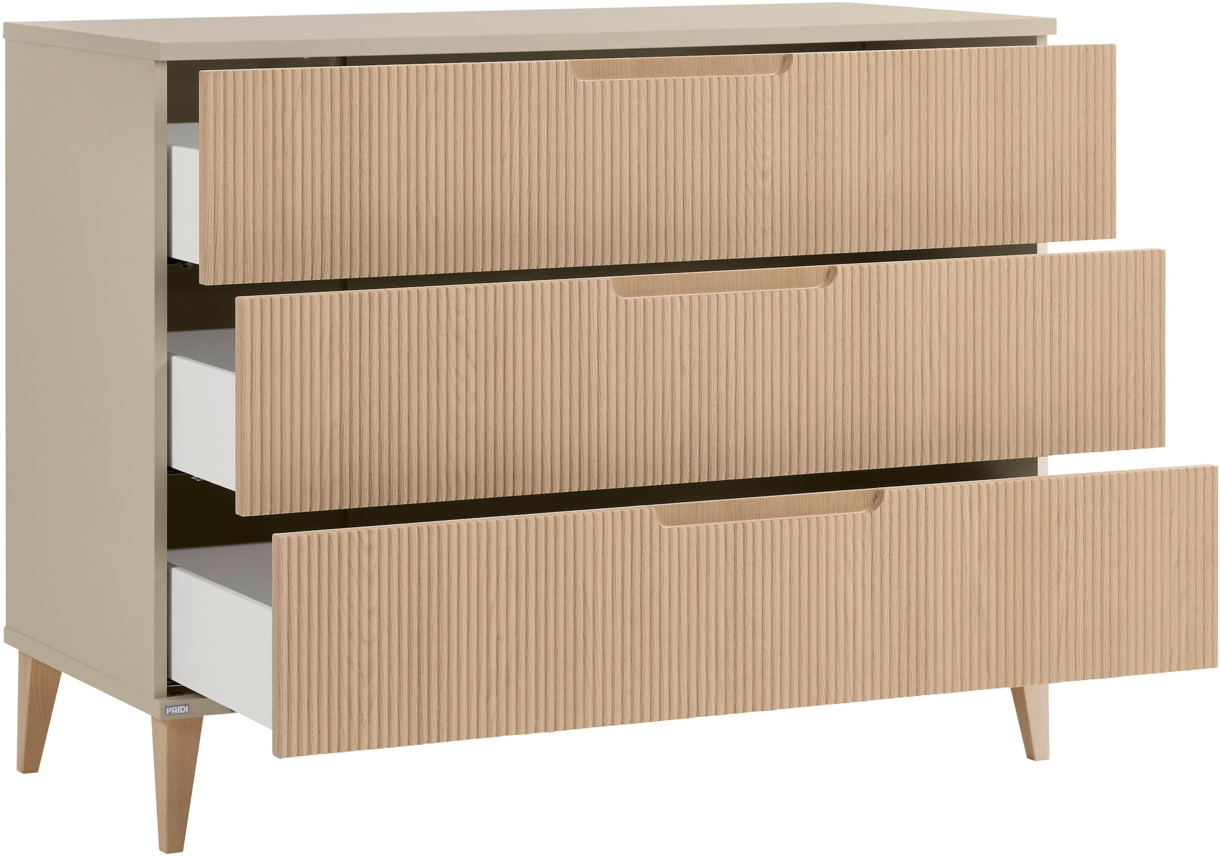 PAIDI Wickelkommode »JONTE in Beige & Eichefarben, 3 Schubladen mit Soft-Close, Vollauszug« bis 50 kg Kommode 124 cm Breite, Wickeltisch mit Massivholz-Füßen 124 cm