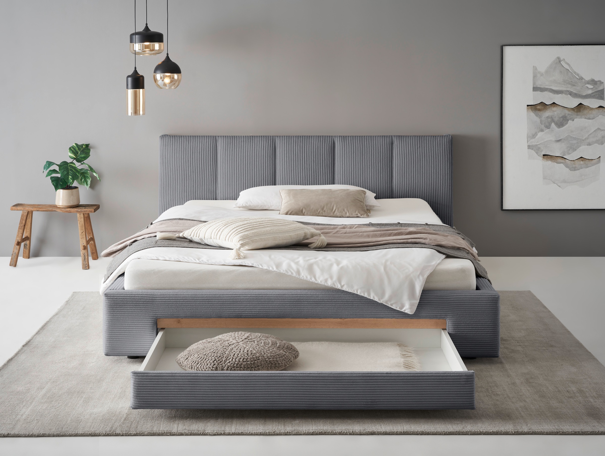 INOSIGN Polsterbett »CiTY/GiRON, Bettgestell mit Bettkasten, gepolstertes Stauraumbett«, mit Hundebett oder Stauraumschublade, Bezug Cord-oder Leinenoptik