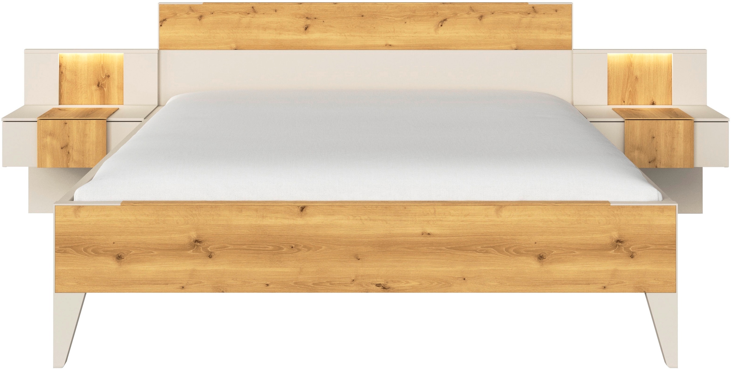 rauch Bettanlage »Bett Doppelbett Komfortbett Schlafzimmer Nachttische KONA« Set, Bett 180x200 oder 200x200, 2x Hängenachttisch, 2x Paneele mit Bel., 5 tlg. tlg. Absetzung Asteiche massiv, mit Soft-Close-Funktion MADE IN GERMANY