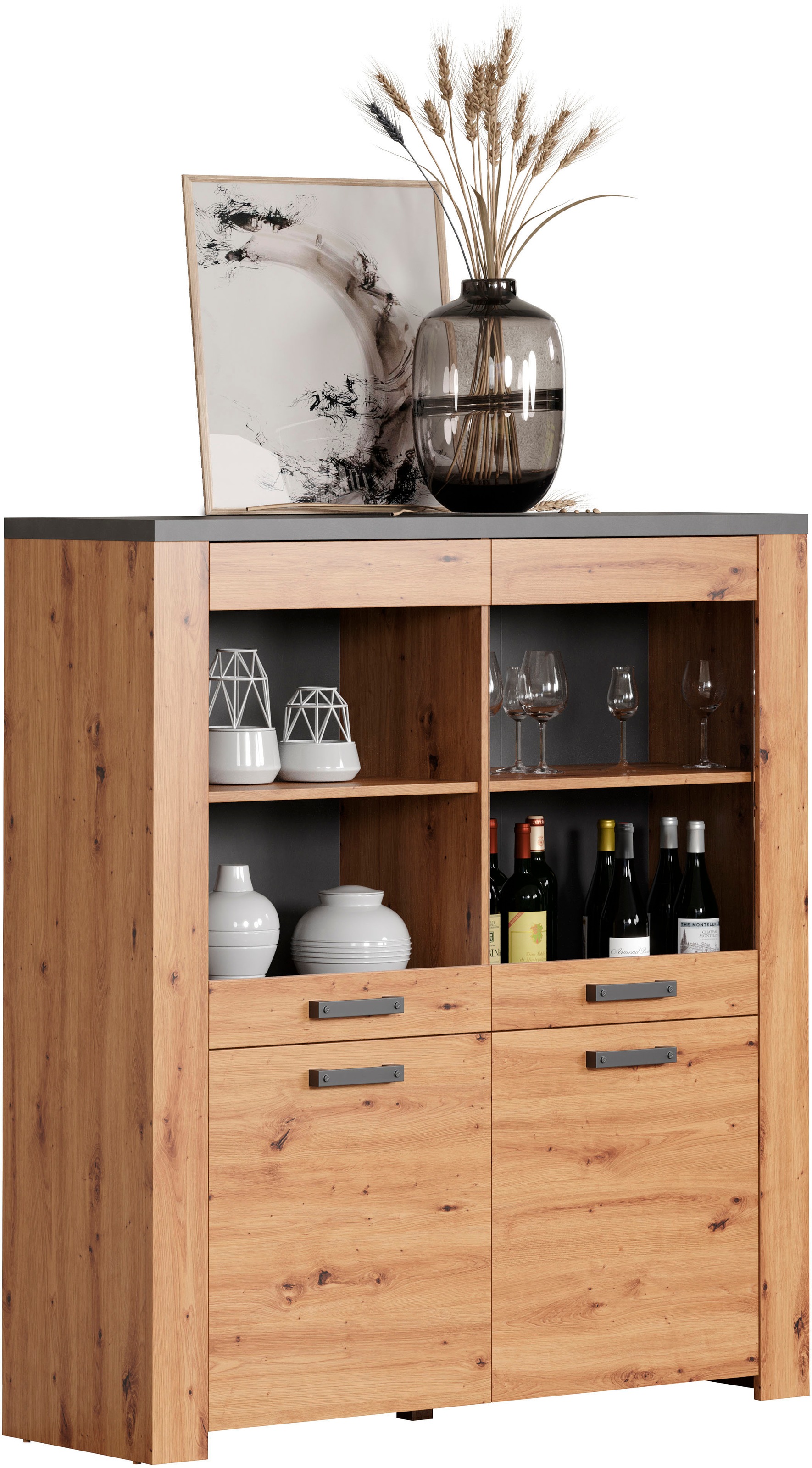 Home affaire Highboard »Ambres«, (1 St.), Vitrine, Echtholzoptik, ca. Maße BxH: 127x139 cm