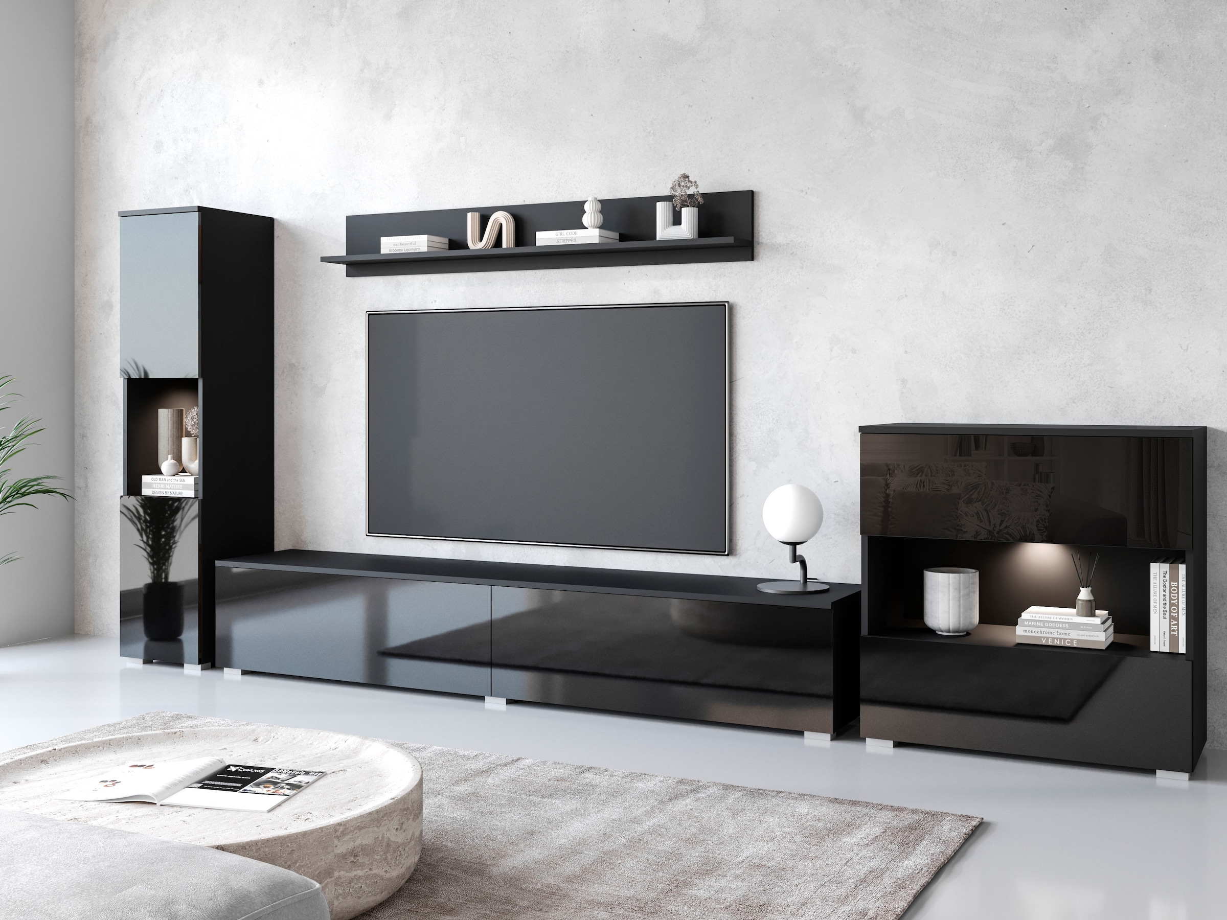 INOSIGN Wohnwand »PARIS«, (Komplett-Set, 4 St.), TV-Wand 300cm breite, grifflose Design, stehend und hängend montierbar