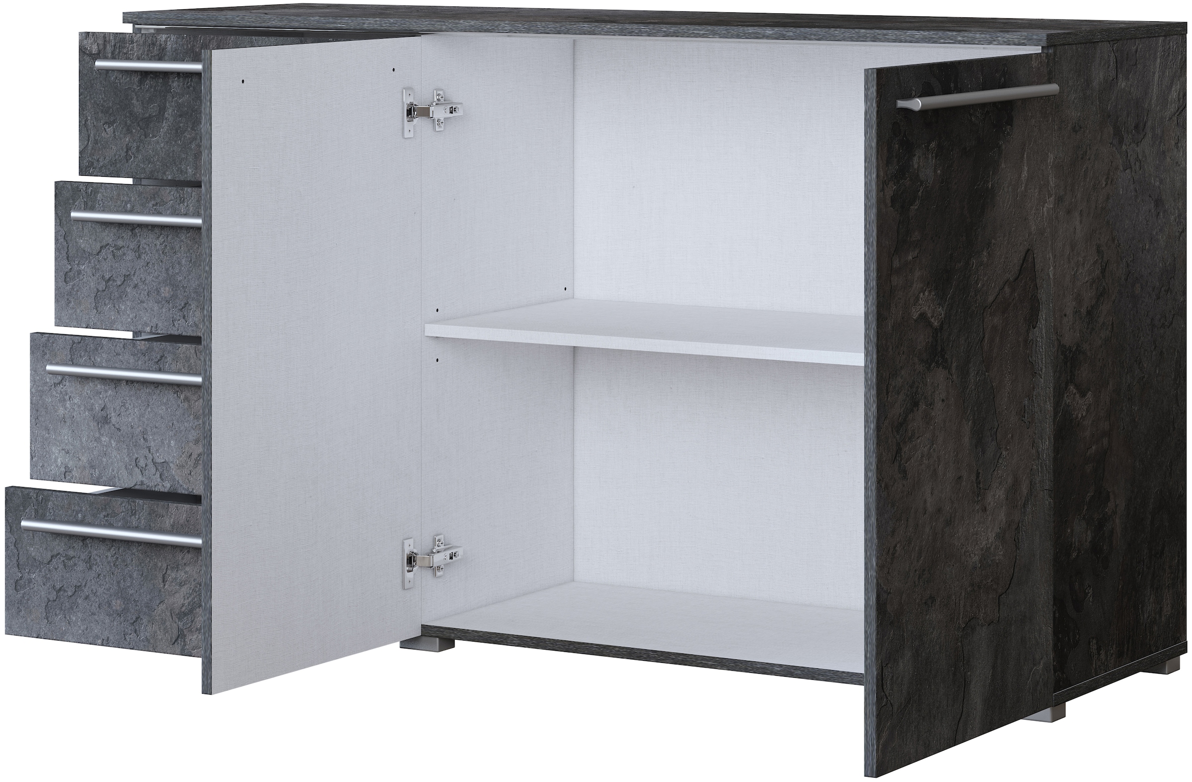INOSIGN Sideboard »India, aus FSC-zertifiziertem Holzwerkstoff, Made in Europe«, (135x81x41 (BxHxT), Schieferoptik oder weiß mit Hochglanzfronten), Schubladenschrank inklusive Beleuchtung mit Fernbedienung