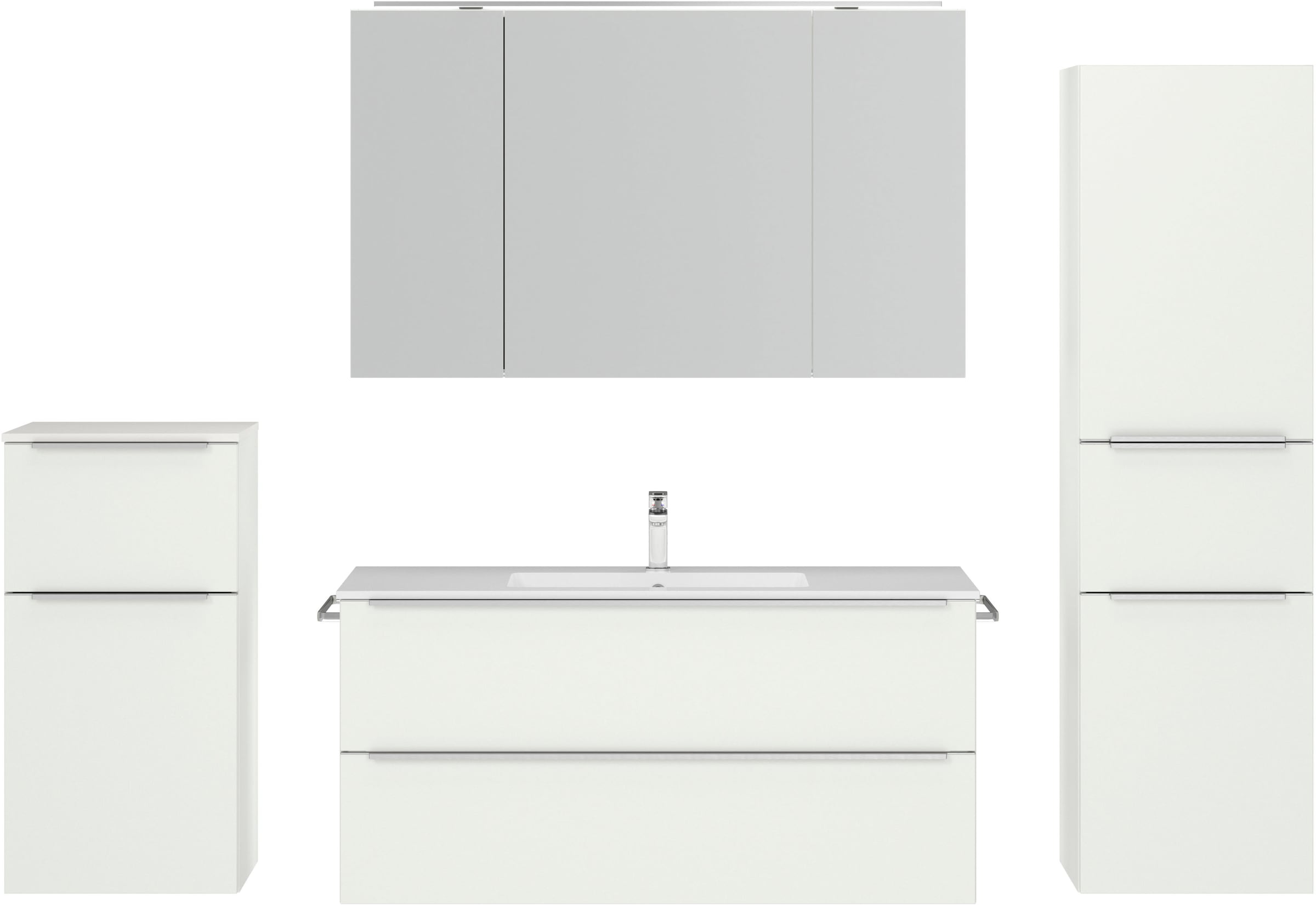 nobilia® Badmöbel-Set »Levere«, (4 St., vormontiert, mit Soft-Close), inkl. Spiegelschrank mit Beleuchtung und Dimmerfunktion, in 4 Breiten